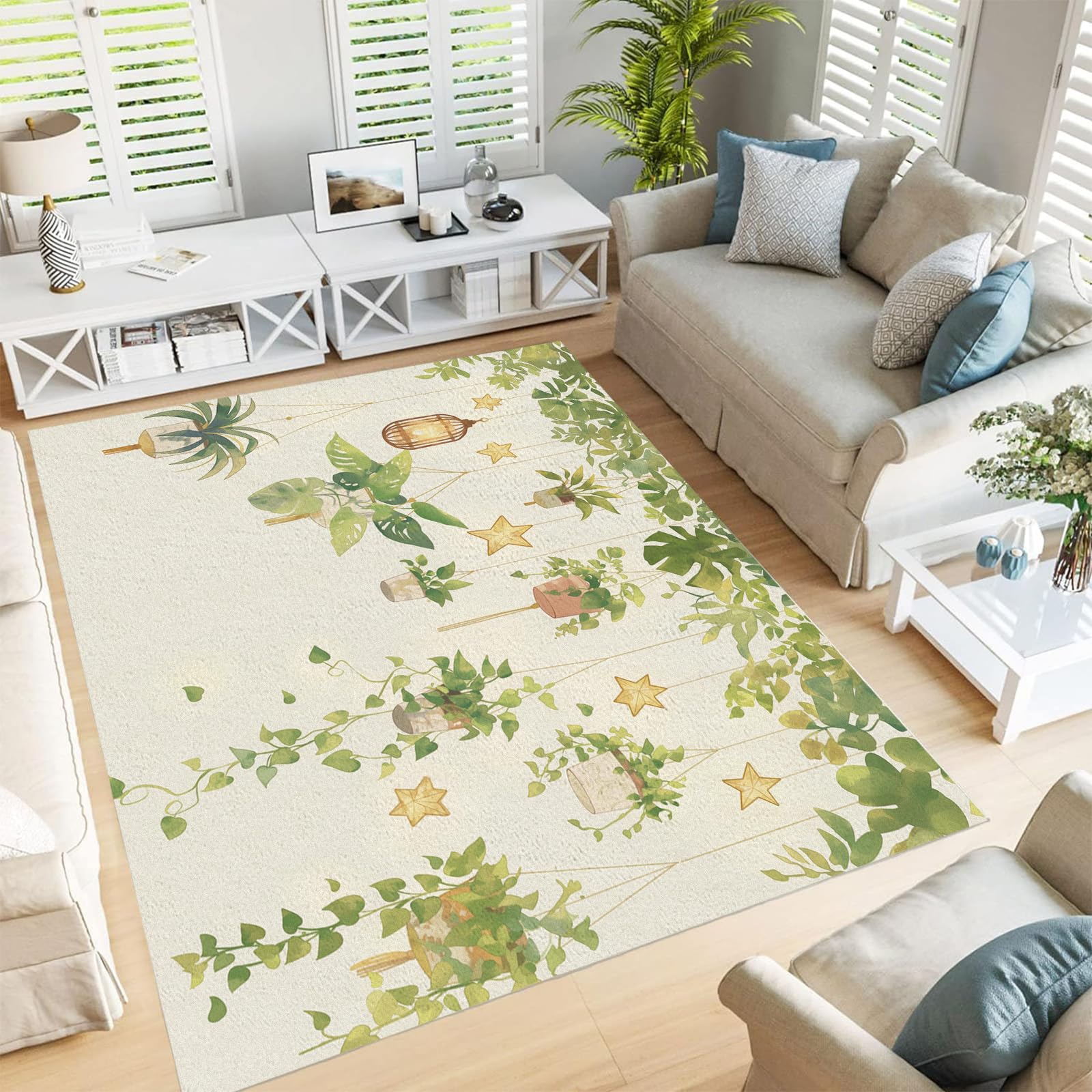 Tapis de salon moderne abstrait lanterne étoile motif plantes 150x210cm