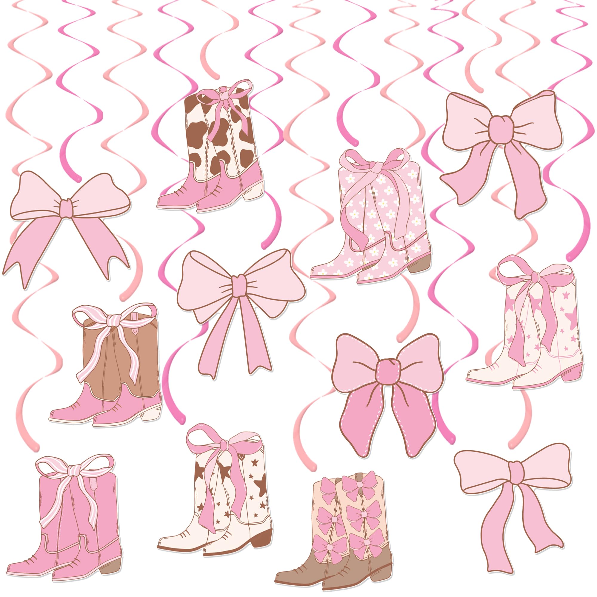 Cowgirl Coquette Hanging Swirls 20PCS Boots and Bows Hanging Decorations Pink Western Cowgirls Party Decorations Cowgirl Boots Hanging Streamers for