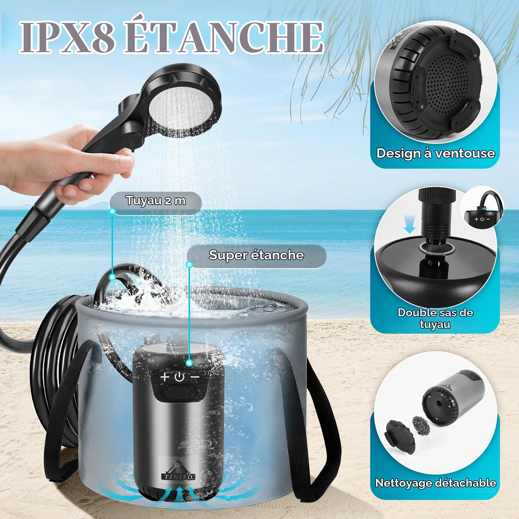Douche de Camping, Pompe de Douche Portable avec Rechargeable 8000mAh, Douche Mobile avec Affichage de Température, Tuyau de 2m pour Camping, Lavage de Voiture, Jardinage et Bain pour Animaux