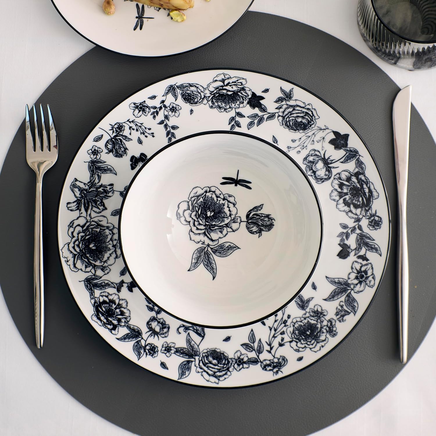 Stone Lain Esme 12-Piece Dinnerware Set Porcelain, Plates and Bowls Set, Dish Set for 4, Microwave and Dishwasher Safe, Black - Image 4