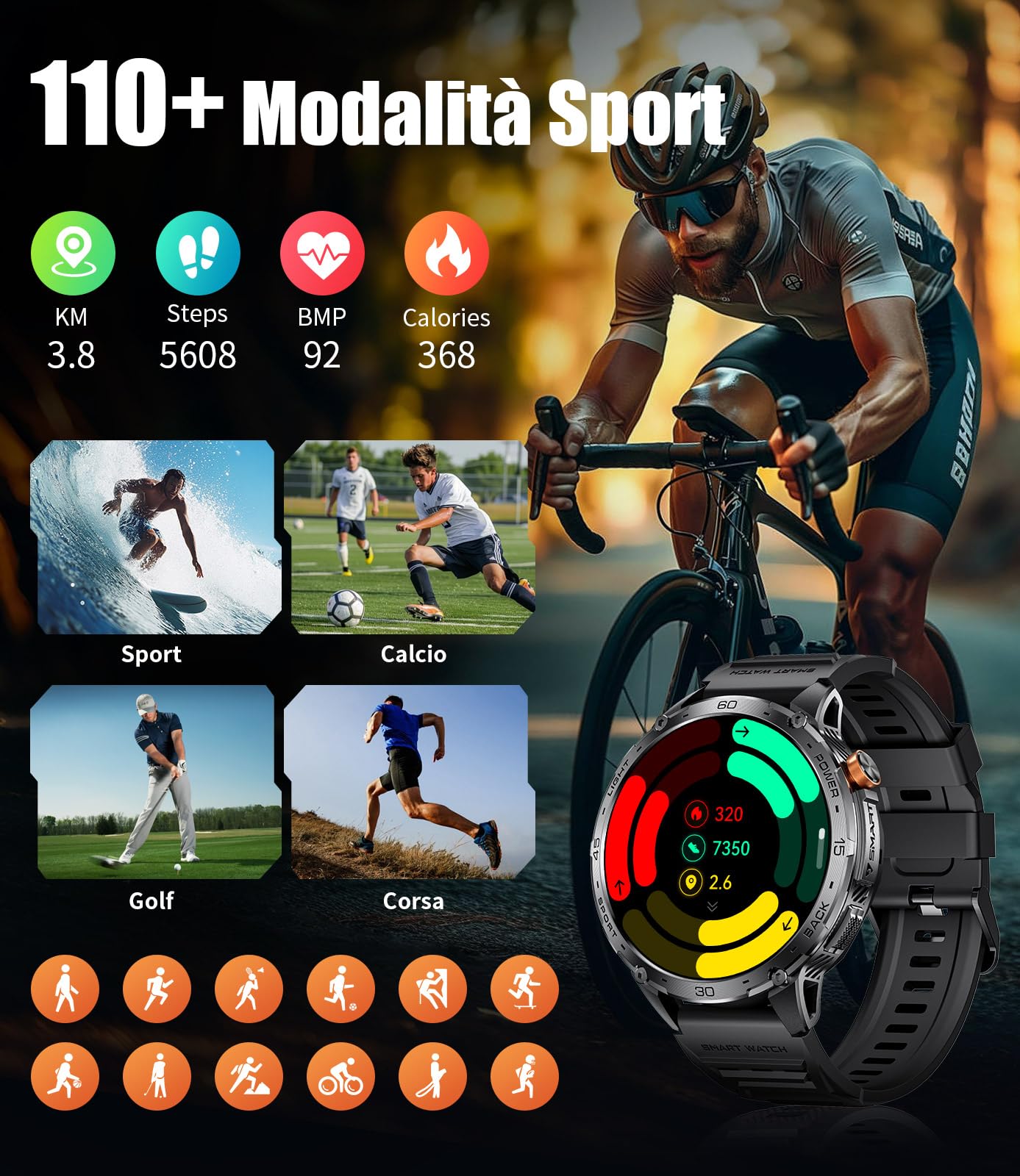 Smartwatch Uomo con Chiamate Bluetooth,1,75'' AMOLED Grande Schermo,5ATM Impermeabile,730 mAh Batteria,Orologio Intelligente con SpO2/Sonno/Cardiofrequenzimetro,100+ Modalità Sportive,per Android IOS