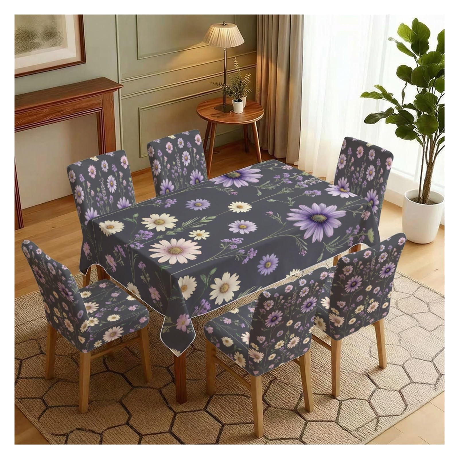 KXUAUV Dark Grey Purple White Daisy Floral Dining Tablecloth & Chair Covers Set, 5/7 Piece Moody Boho Cottage Farmhouse Dining Decor Party Decor(7pcs Set: Tablecloth+Chair Covers)