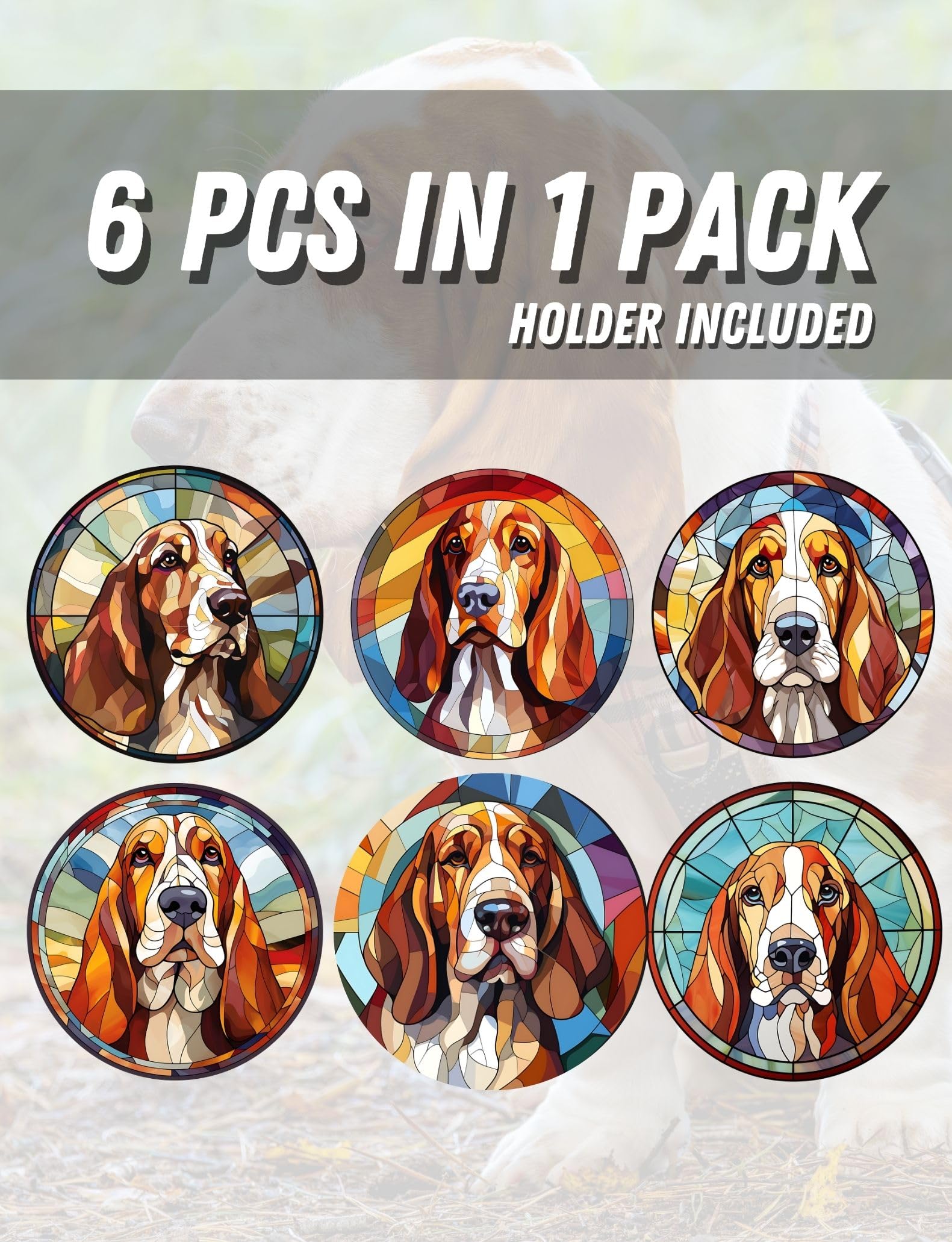 Onebttl Basset Hound Gifts Coaster, Ceramic, Set of 6, with Gift Box, Absorbent with Cork Base, Gifts for Basset Hound Lovers, Home Decor for Housewarming, Thanksgiving, Birthday, Christmas
