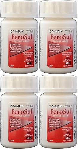 Sulfato Ferroso FC 325mg (5GR) Genérico para Feosol Red Tabletas 100 Tabletas por Botella 4 PACK Total 400 comprimidos