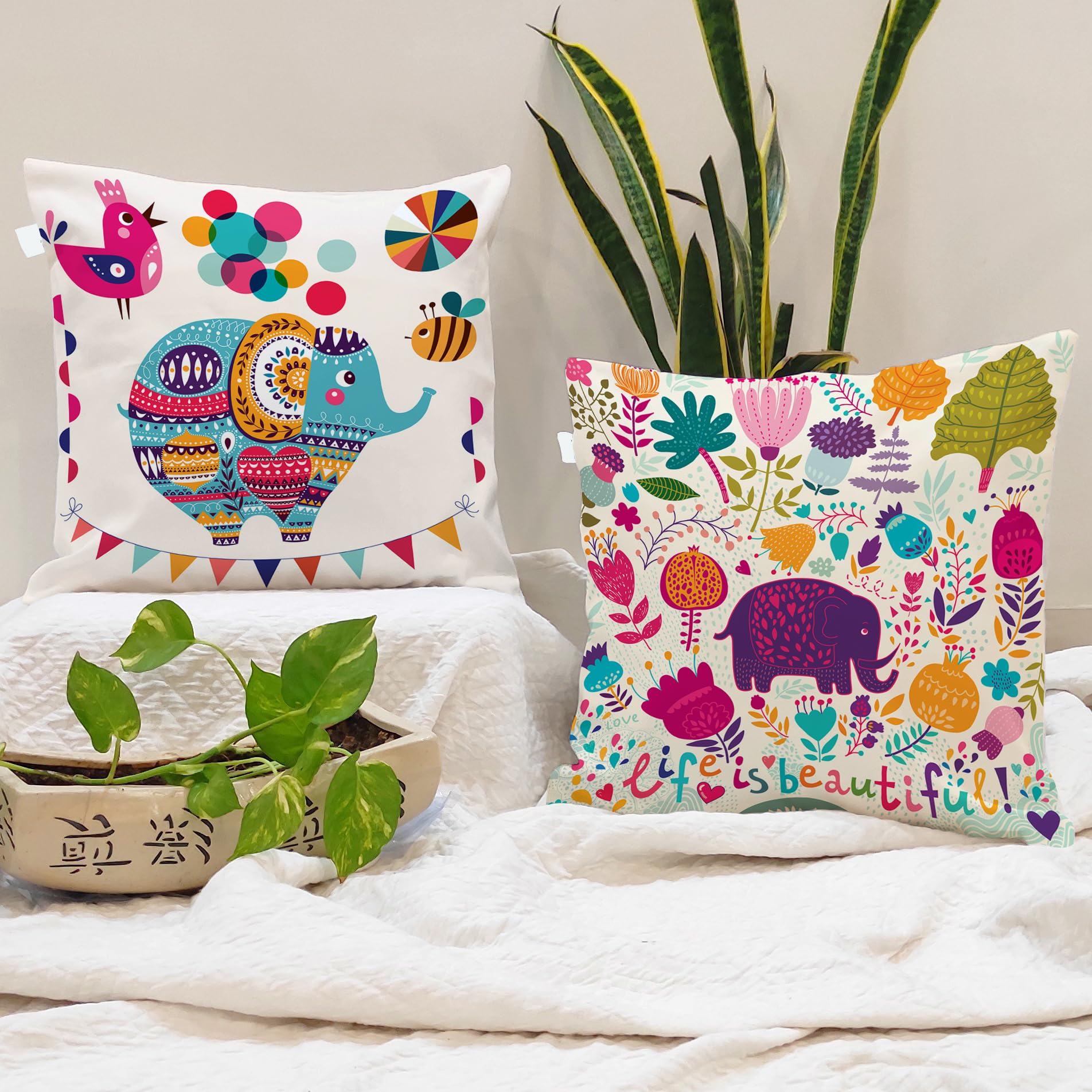 STITCHNEST Set of 2 Polycotton Cushion Covers – 16x16 Inches – Multicolor Elephant & Jungle Print – Playful Cushion Covers for Kids Room, Sofa & Living Room Decor