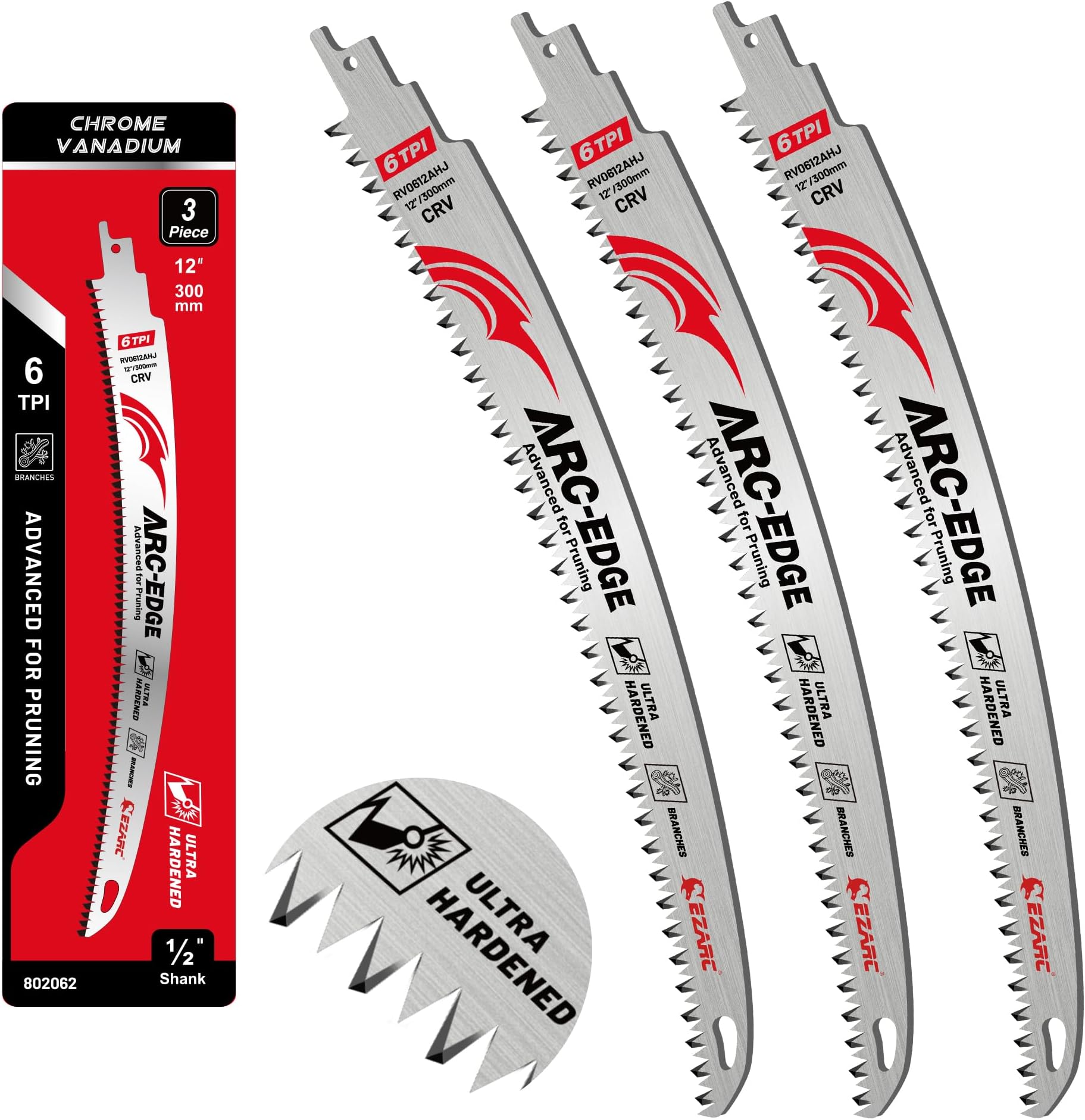 EZARC Reciprocating Saw Blades Wood, Arc Edge, 300mm 6TPI for Pruning, 3-Pack