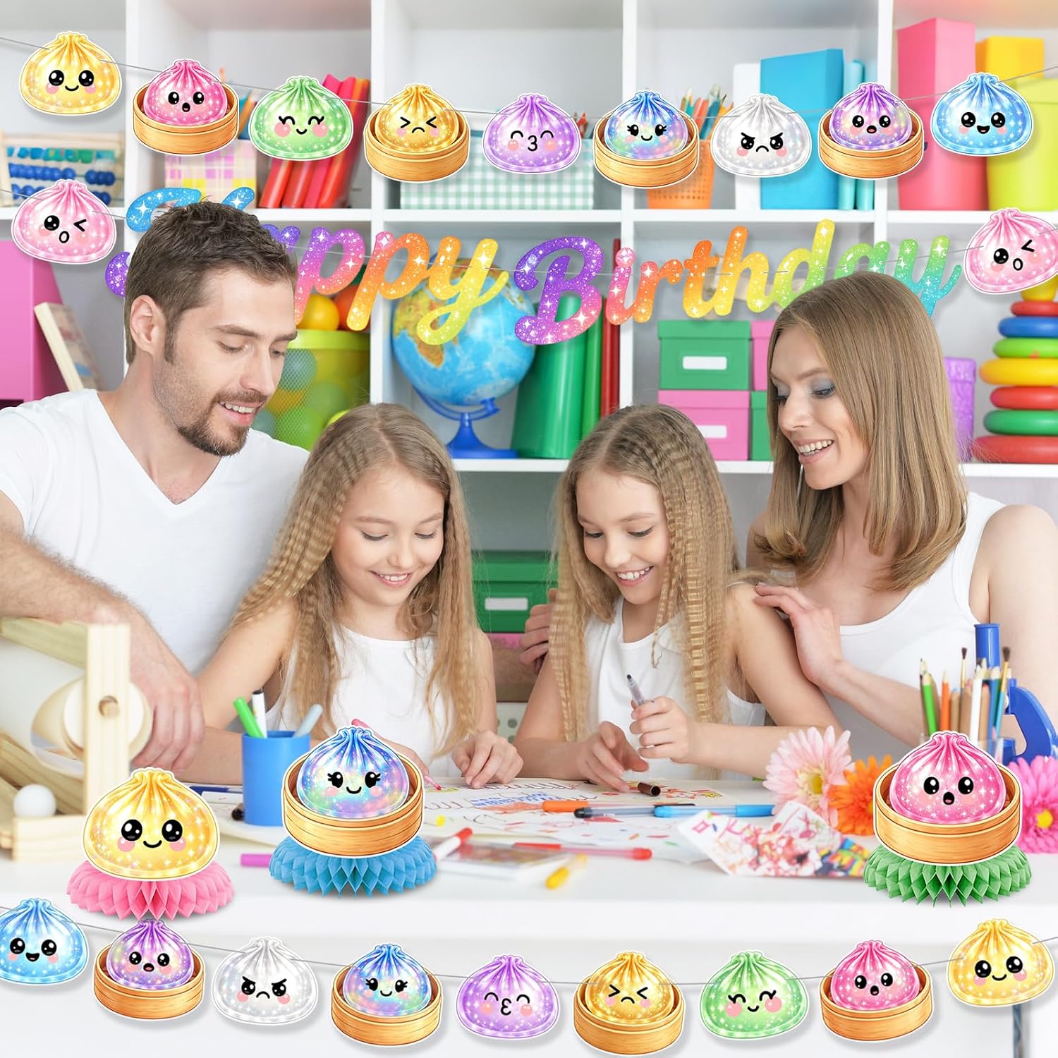 Paper Squishy Birthday Decorations Happy Birthday Banner Dumpling Birthday Party Decorations Dumpling Themed Bun Pattern Banner Birthday Party Dimsum Bun Food Theme Party Decoration