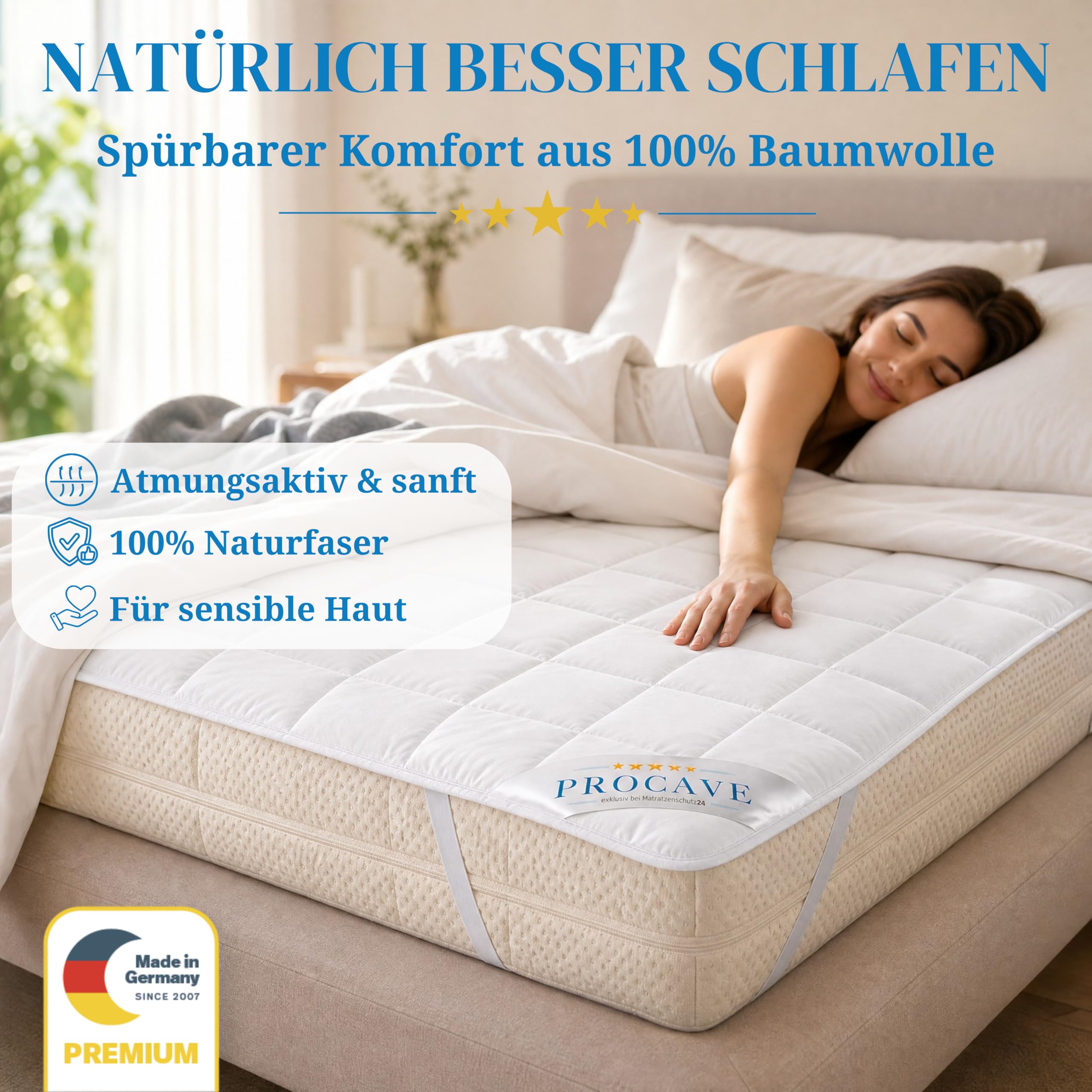PROCAVE weiches Unterbett aus 100% Baumwolle, atmungsaktiver Matratzen-Schoner, hochwertige Matratzentopper, Matratzen-Auflage 140x200 cm