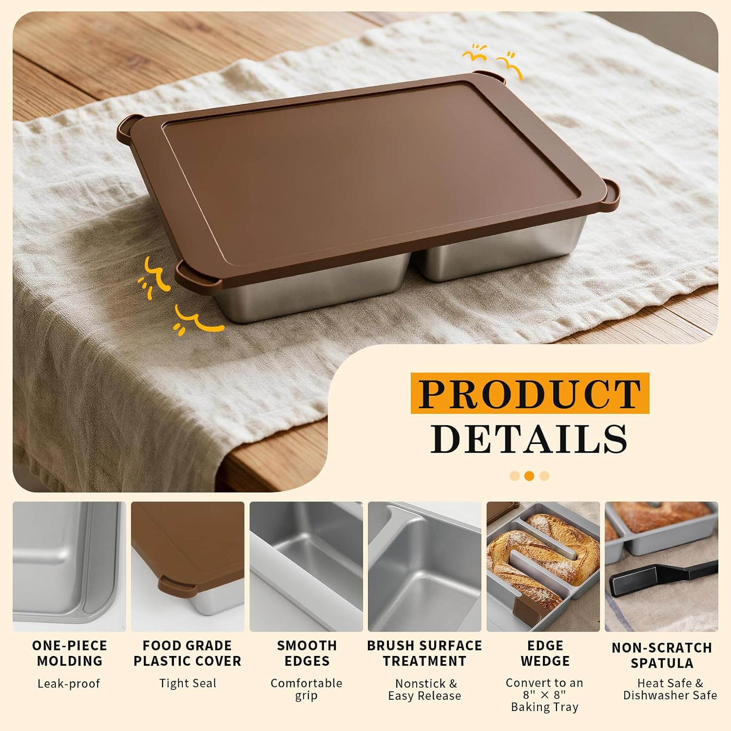 Brownie Pan with Lid, Spatula and Wedge, Nonstick Cast Aluminum