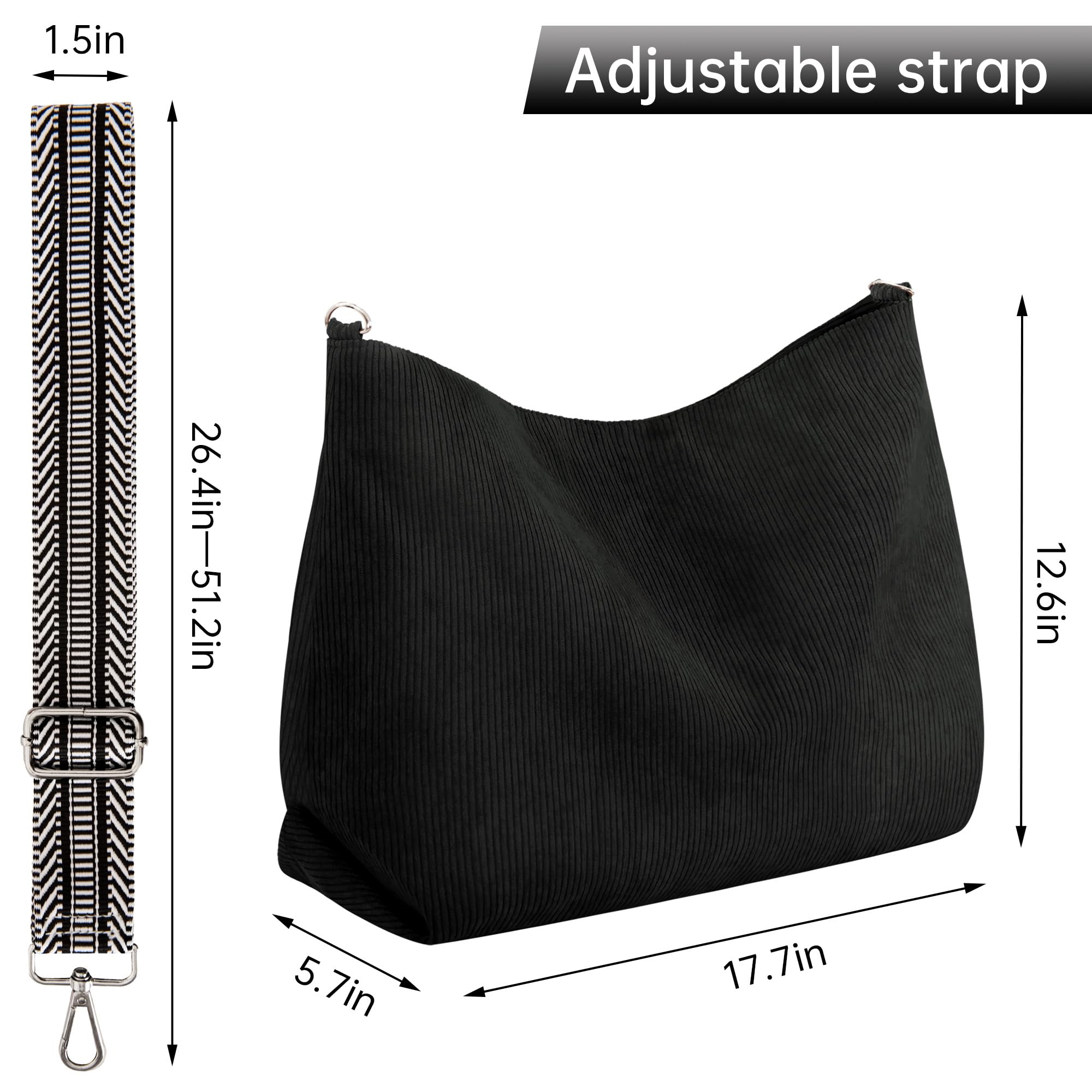 Prite Sac à Main Femme en Velours Côtelé avec Bandoulière Ajustable | Sac Épaule, Cabas, Sac Bandoulière, Grande Capacité, Multi-Poches, Léger, Doux, Lavable, Travail, Shopping, Voyage