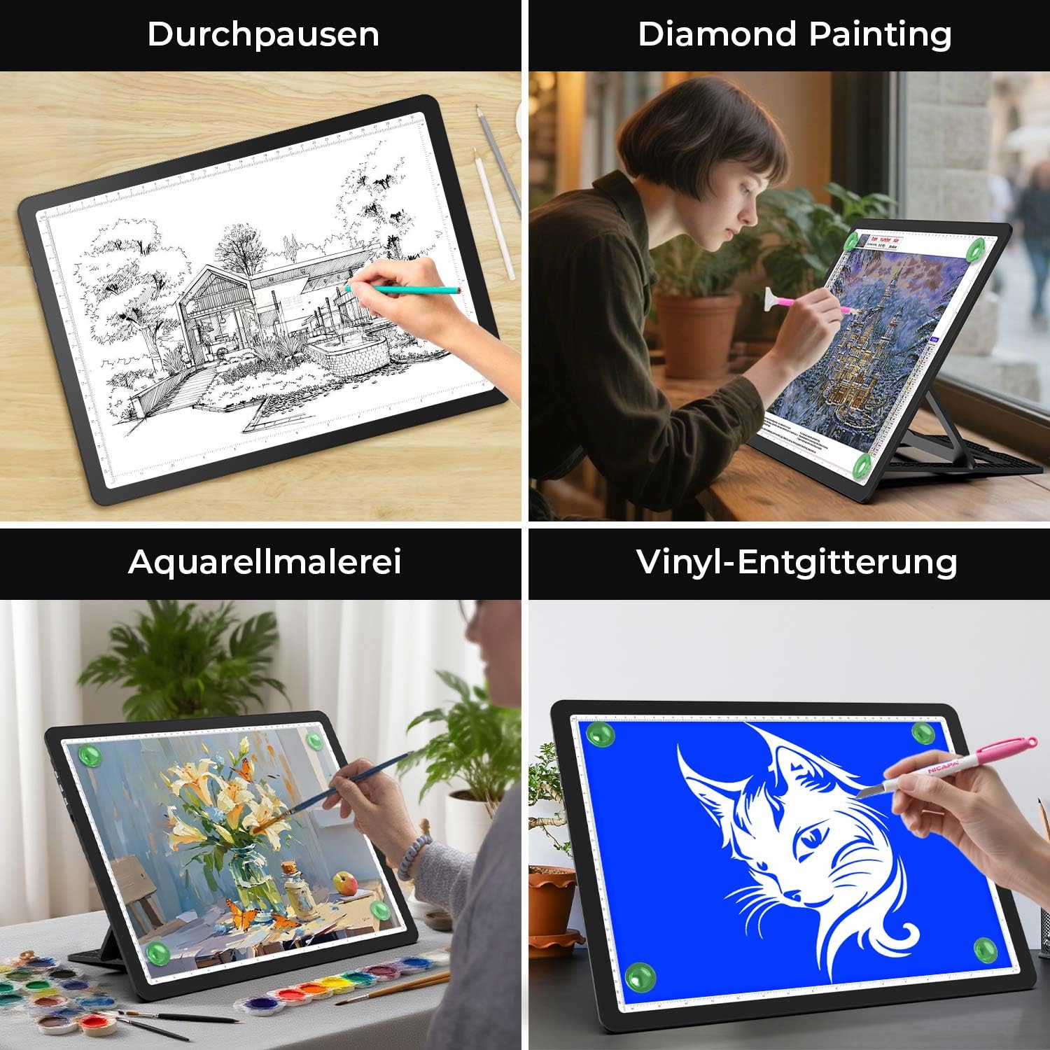 Zocelight wiederaufladbares A4 Leuchttisch mit integriertem Ständer & Tasche, Superheller magnetischer light box mit physischen Tasten,Lichtkasten für diamond painting, Leuchtplatte für Skizzieren