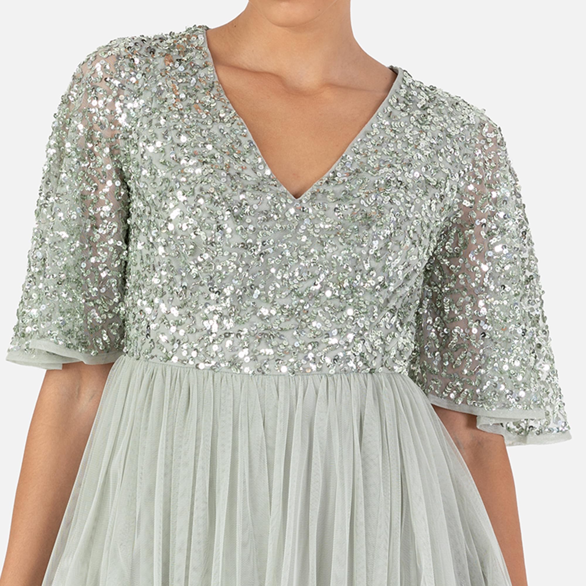 Maya Deluxe Robe de Soirée Femme pour Mariage Invitée, Col V, Robe À Pailettes Demoiselles d'honneur À Manches Courtes Robe de Demoiselle d'honneur Femme