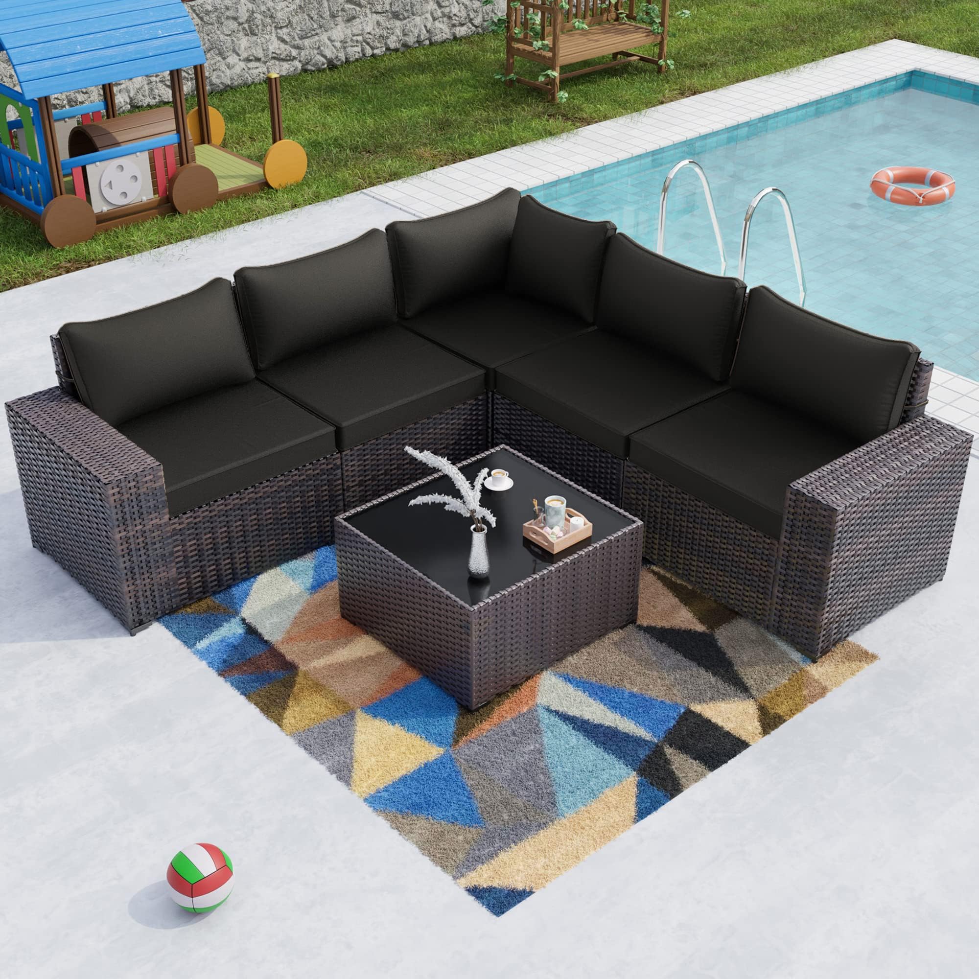 Kullavik 6PCS Outdoor Patio Furniture Set PE Wicker Rattan Sectional Sofa Patio Conversation Sets,Black