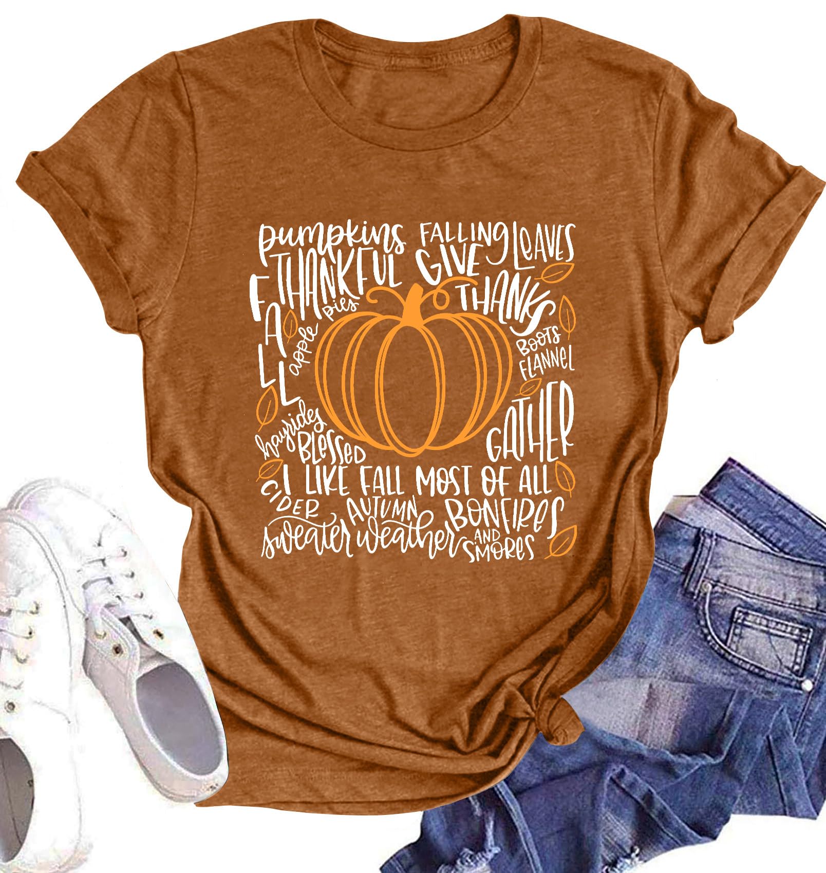 Thankful Shirts Women Thanksgiving Pumpkin T-Shirt Funny Graphic Tees Short Sleeve Fall Tshirts
