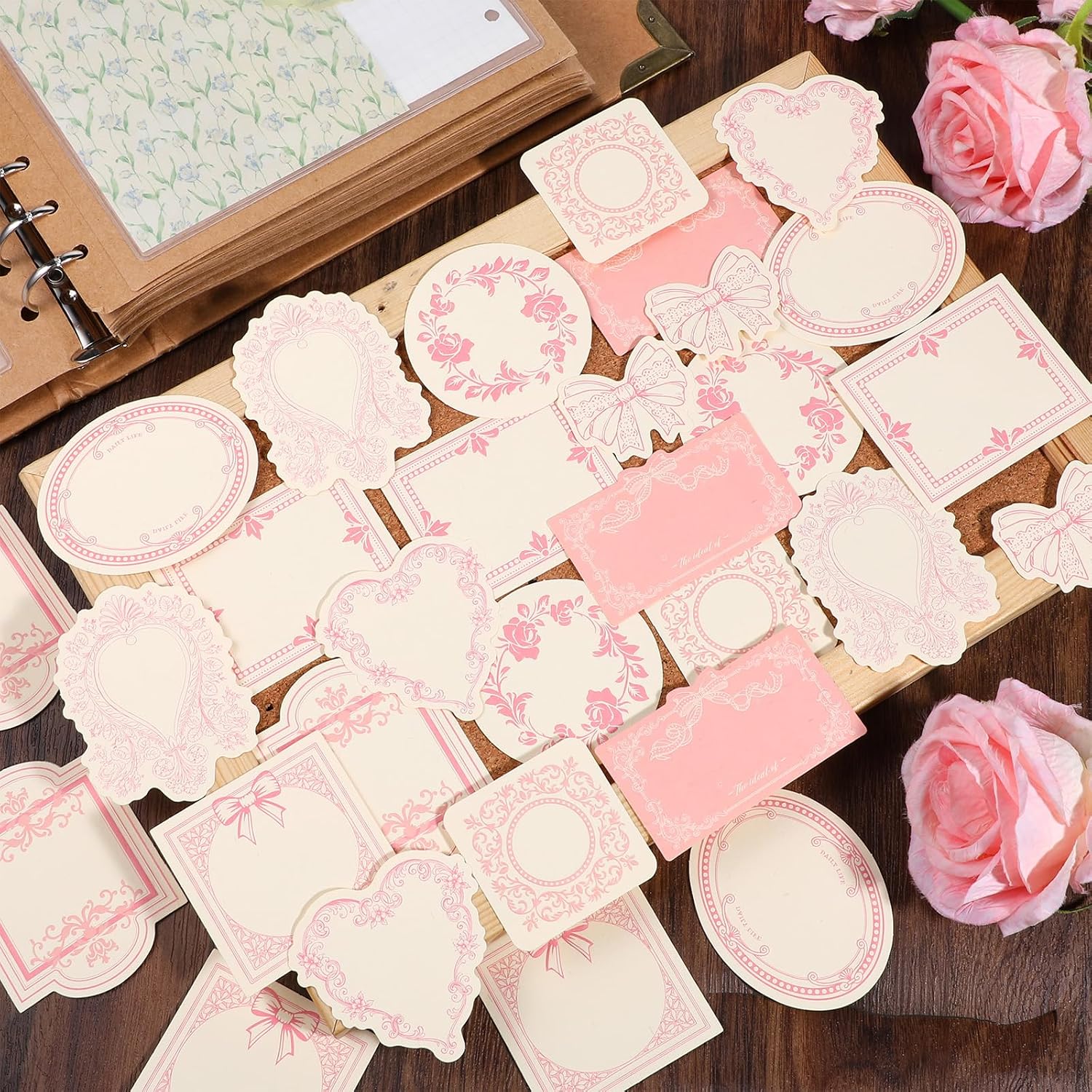 Dplolng 30 Pcs Vintage Embossed Journaling Paper,Vintage Decorative Floral Bow Blank Cards Craft Textured Paper Small Pink Scrapbook Supplies for Junk Journals Planner Scrapbook Card Making