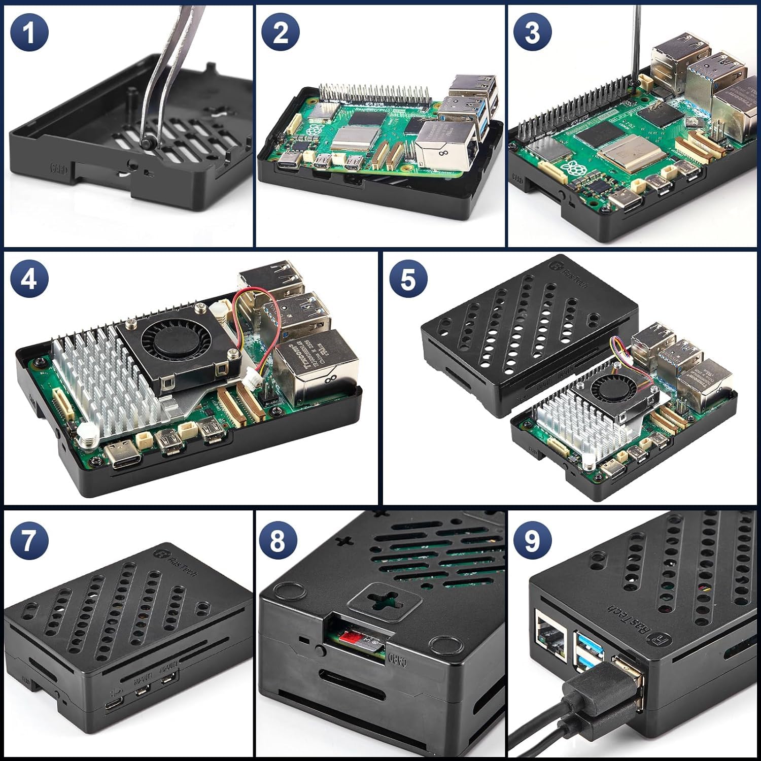 RasTech Raspberry Pi 5 16GO Kit 64GO Edition avec Active Cooler,Alimentation 27W 5.1V5A USB-C,Pi5 16GO Board,Kit Lecteur de Carte 64GO,Boîtier Pi 5,Double 4K Câbles de HD Out,Manuel d'utilisation
