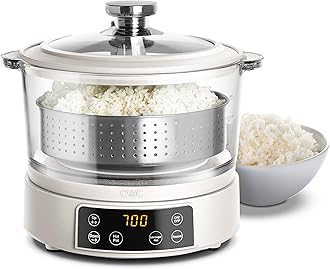 COOK WITH COLOR 3L Glass Mini Low Carb Rice Cooker – Holds 2 Cups Raw/Makes 6 Cups Cooked with Auto Lift Filter Basket, Hotpot & Steamer for Rice, Grains, Digital Panel with Keep Warm, Cream