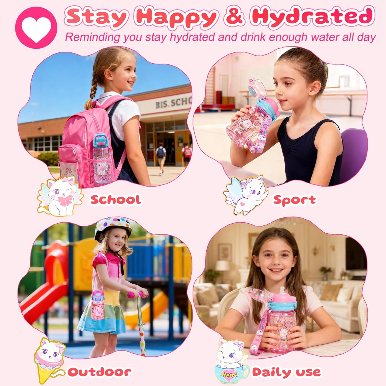 Kids Water Bottle with Pop-Open Straw & Spout 2-in-1 Lid, 20oz Leak-Proof Tritan Plastic BPA-Free Kids Cup with Strap for School Travel Sports Girls Toddler, Cat - Image 5