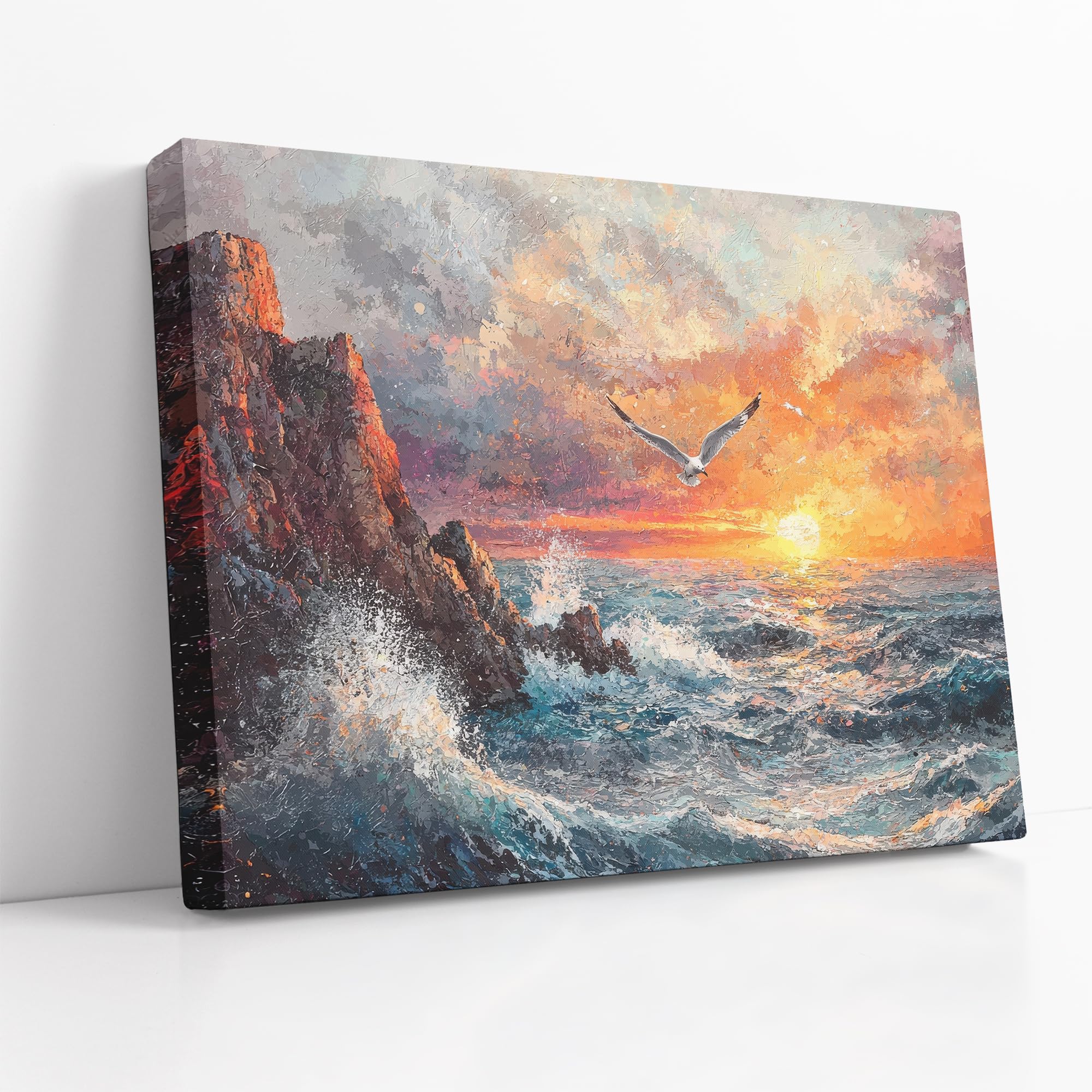 Lithobee - Seascape Oil Painting with Sunset and Flying Seagull Canvas Only 16x12inch(40x30cm) - Style No: 486