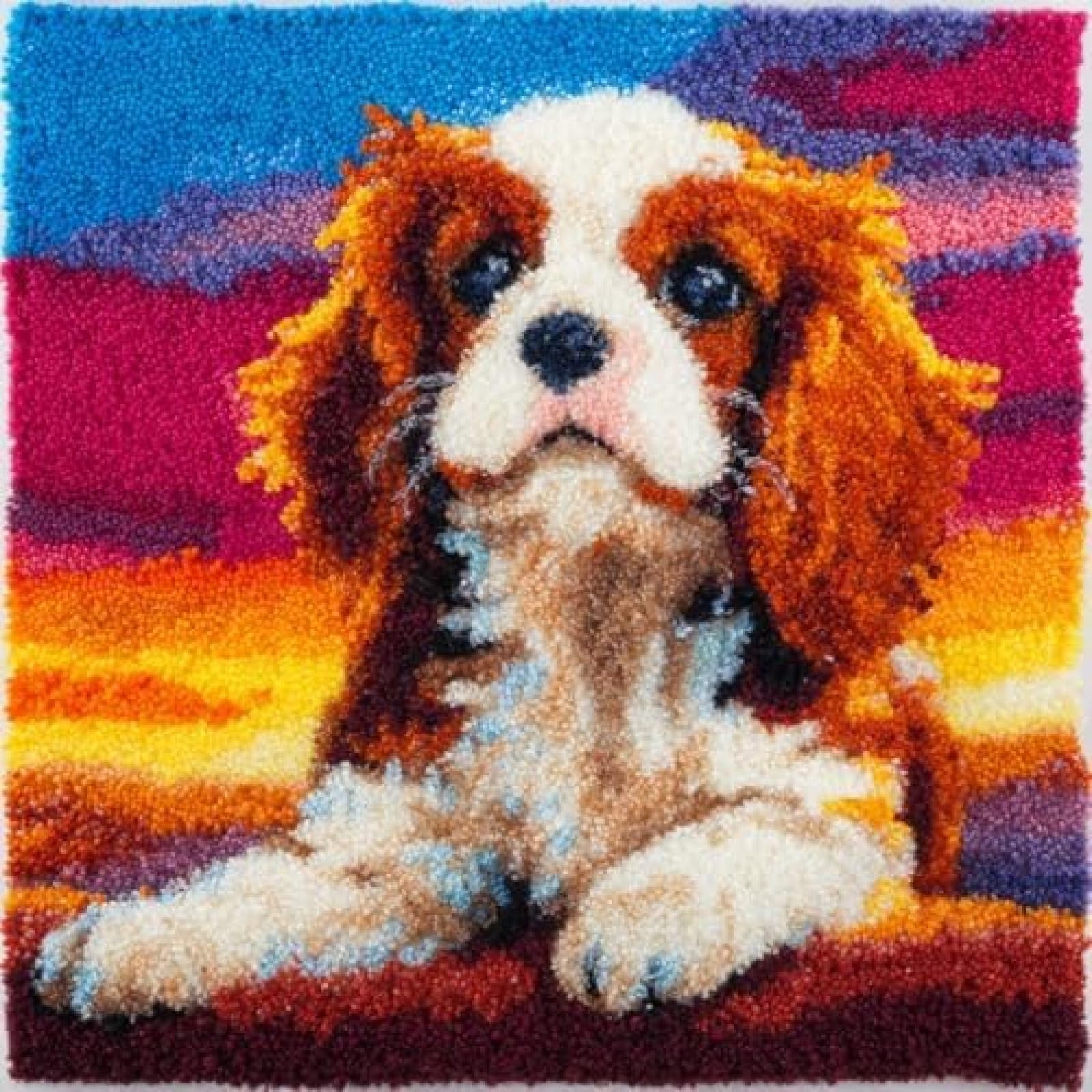 kitphoenix Latch Hook Craft Kit for Adults Beginners,Cavalier King Charles Dog Sit and Sunset,DIY Cushion Cover Making Kit with Printed Canvas,Yarn and Crochet Hook,43x43 cm Decorative Pillow Cover