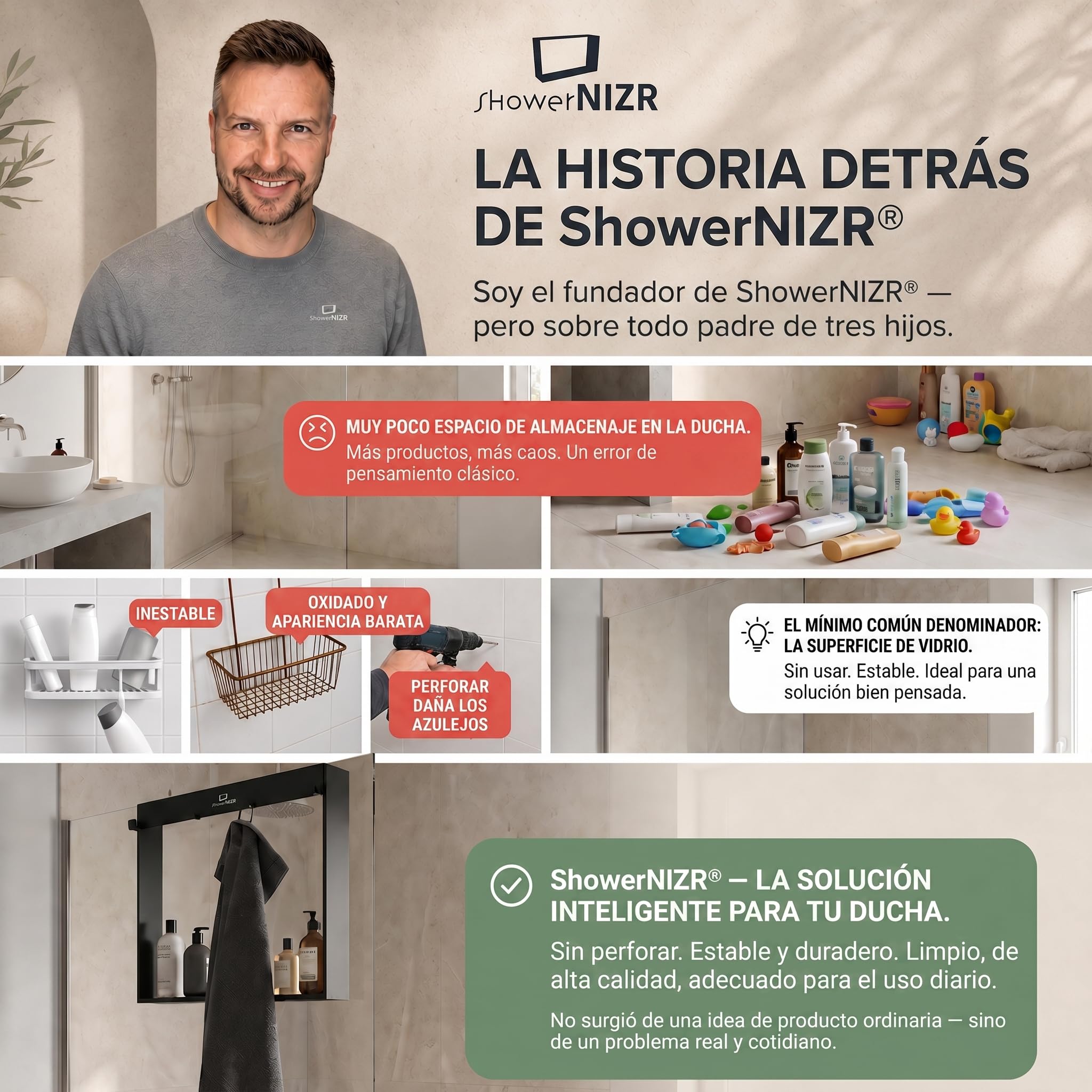 ShowerNIZR Estante de ducha Granite Grey Estante de ducha sin taladro | para colgar en mampara de vidrio de acero inoxidable con 4 ganchos orden sin obra baño sereno y limpio línea depurada