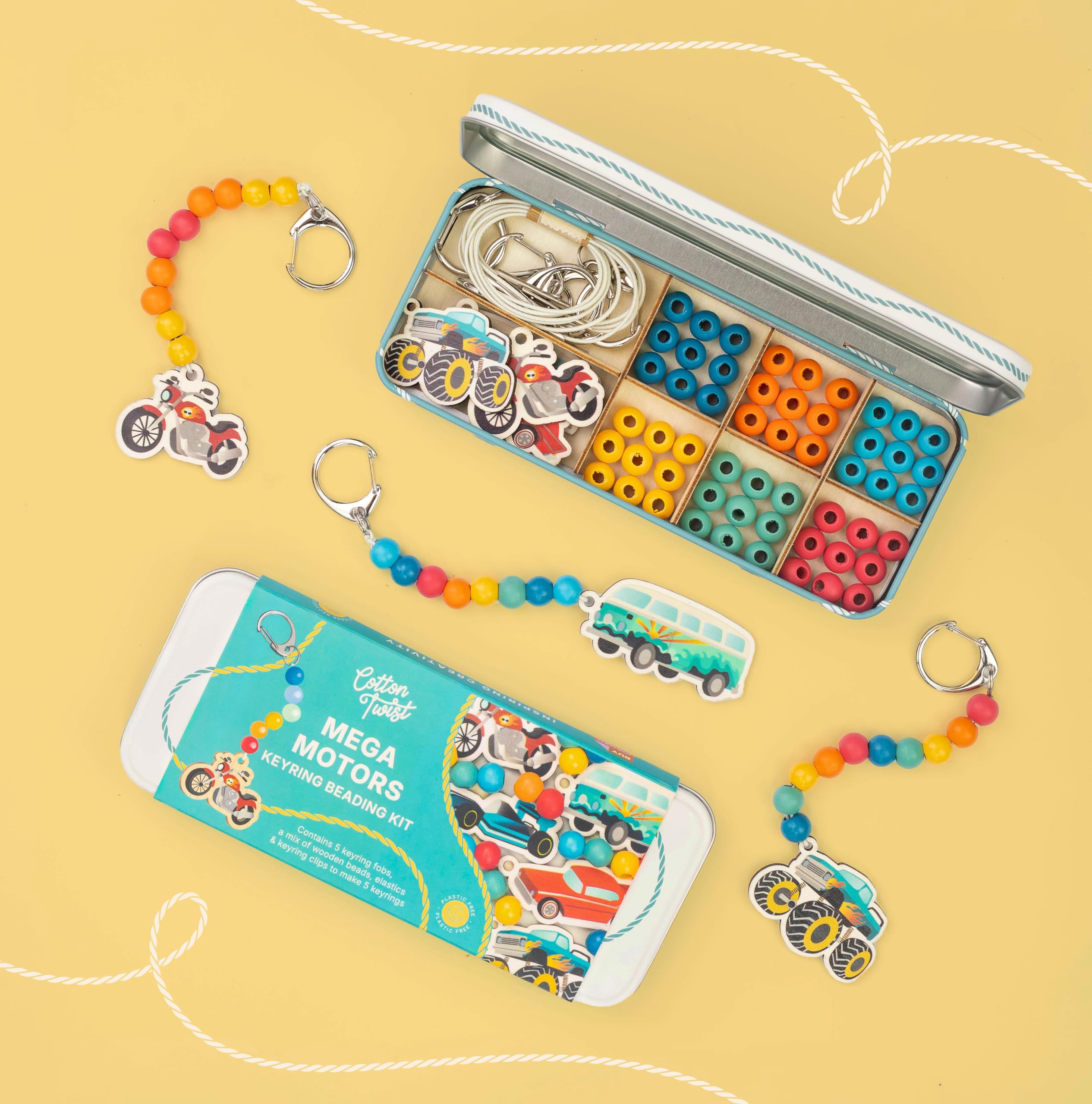 COTTON TWIST Kids Mega Motors Creative Keyring Kit - Wooden Vehicle Fobs Beads Elastic Metal Loops - Craft Activity Party Favour Bag Charm Case Accessory Gift Tin Makes 5 Keyrings