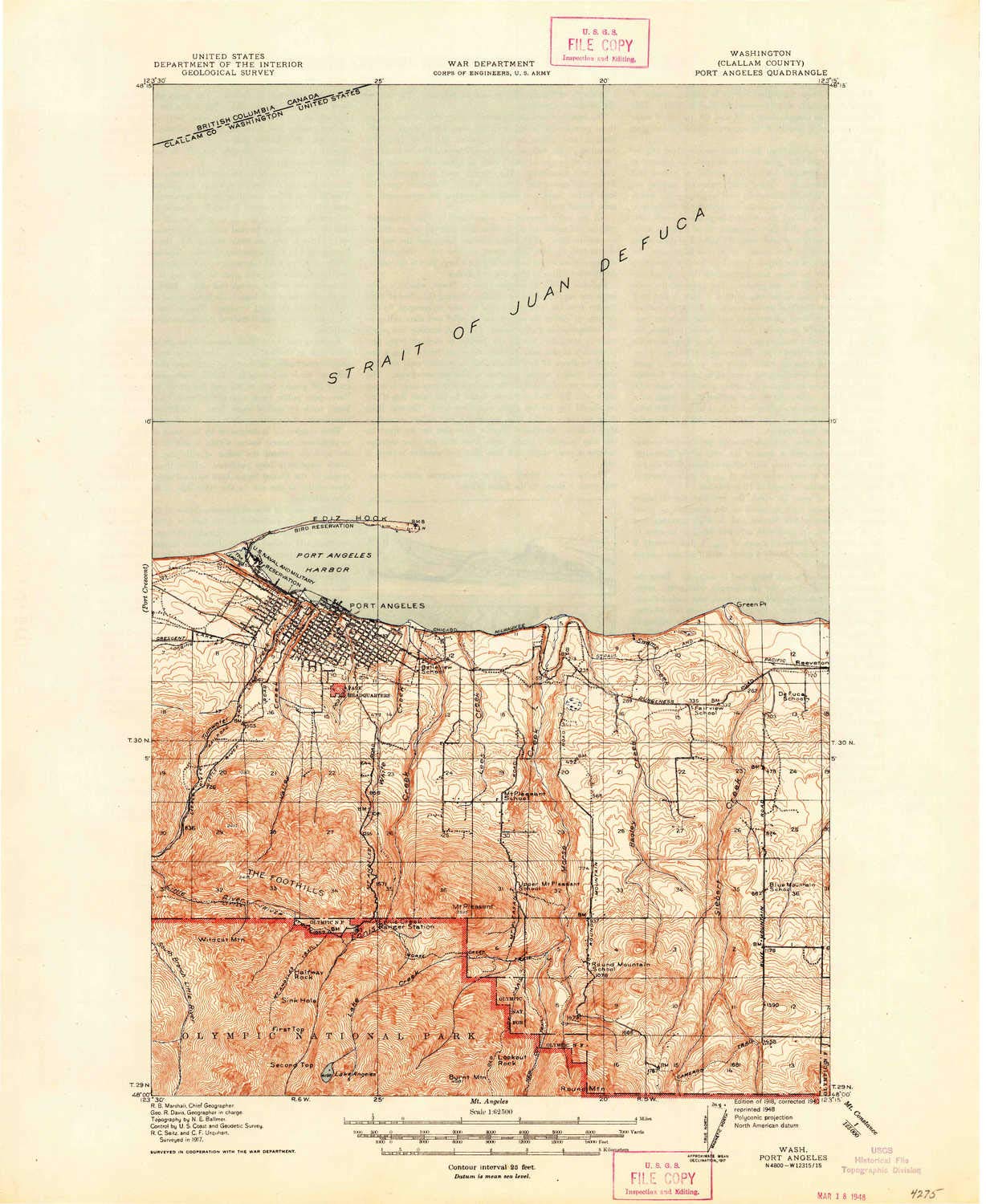 Port Angeles WA topo map, 1:62500 Scale, 15 X 15 Minute, Historical, 1918, Updated 1948, 20.8 x 17.1 in