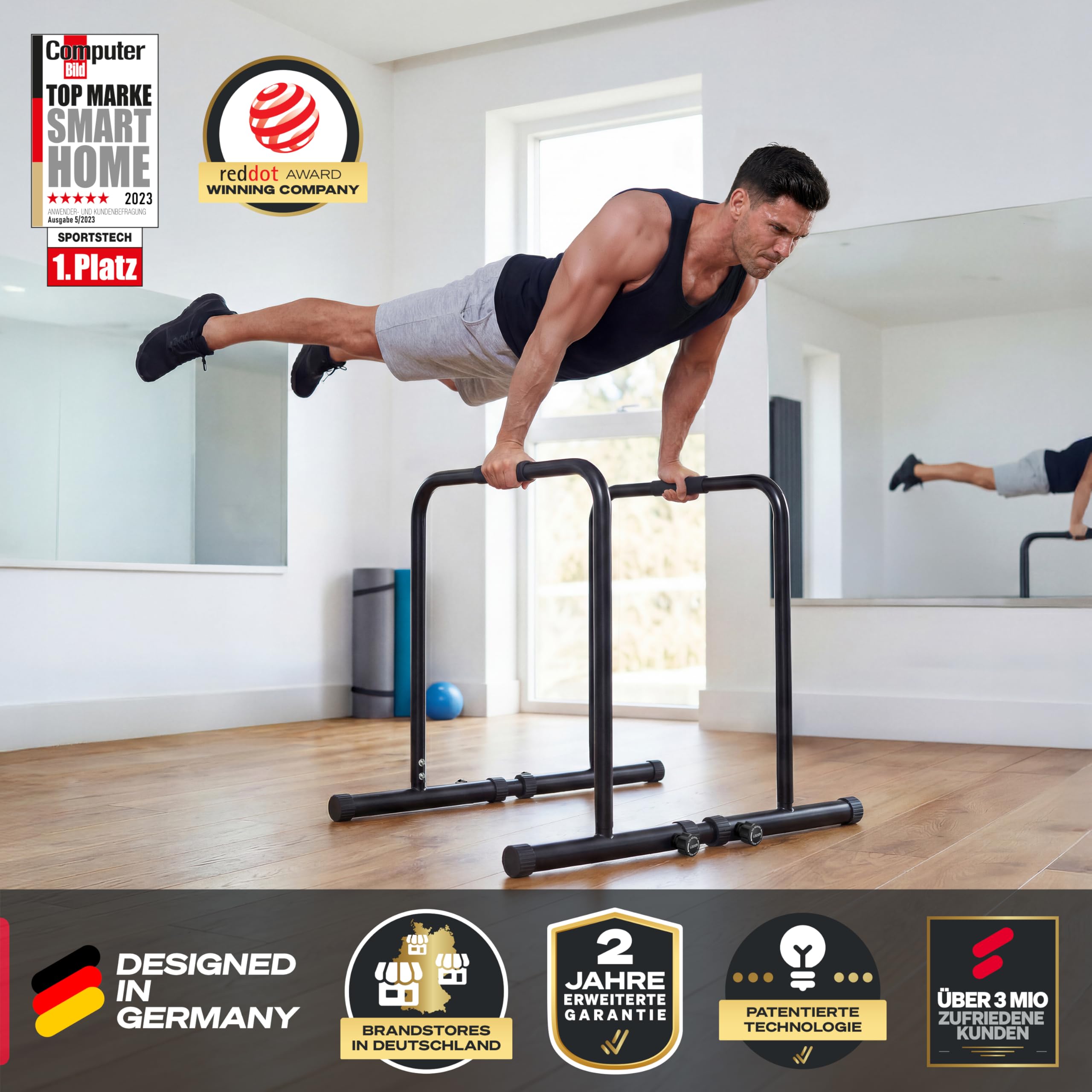 Sportstech, Dip Station Barren höhenverstellbar + App-Coaching PT500 | Dip Stange, Parallettes & Calisthenics: Dips, L-Sitz, Beinheben, Rudern & Handstand, Ganzkörpertraining für Zuhause