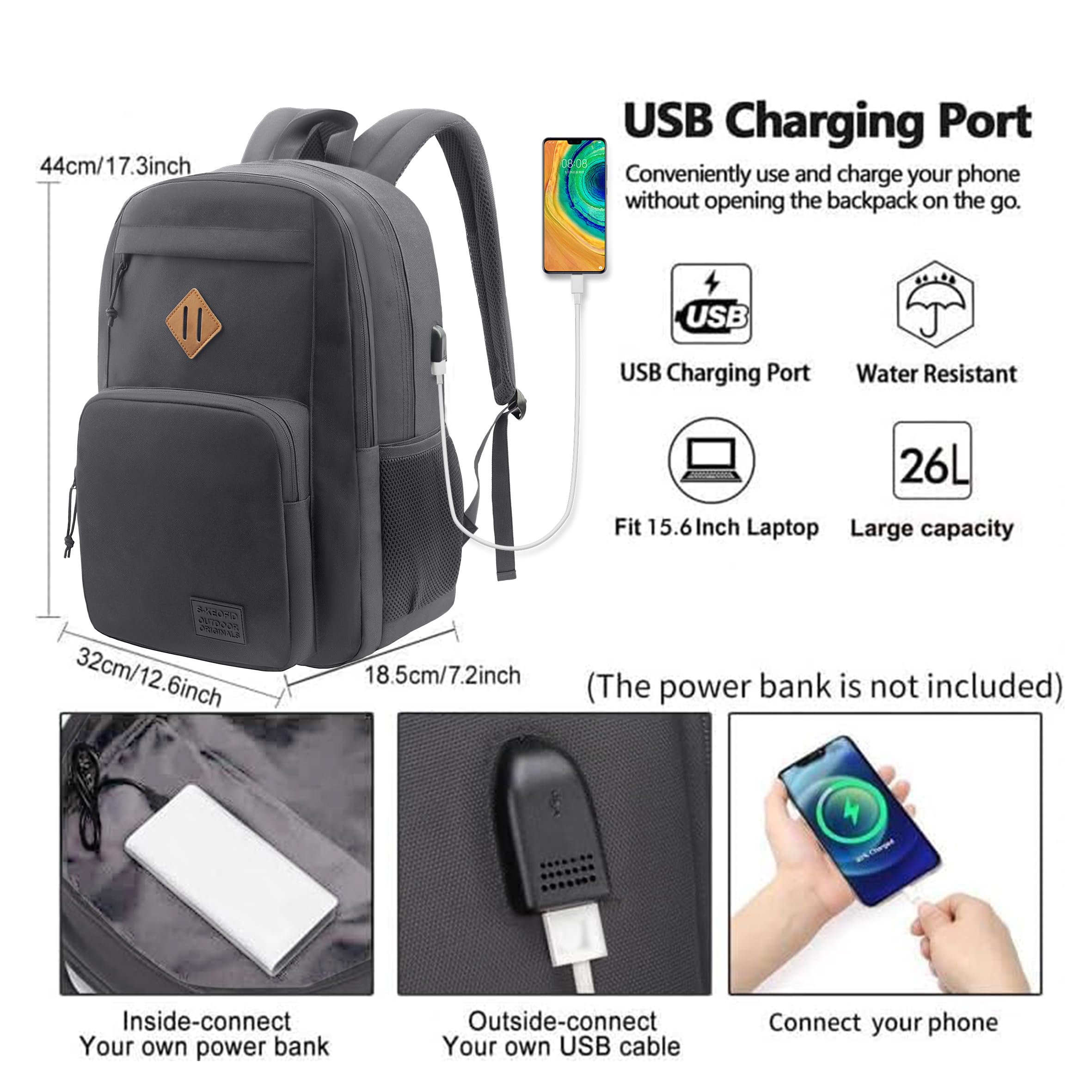 KEOFID Zaino da viaggio classico a mano per uomini e donne, zaino antifurto per laptop con porta di ricarica USB