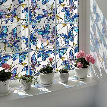 funlife Original Hand-Drawn Faux Stained Glass Window Film, Reusable Double-Sided Static Cling Window Films Suitable for Entryway, Non-Adhesive Window Decals, 16.93" x 118", Bluish Violet Butterfly