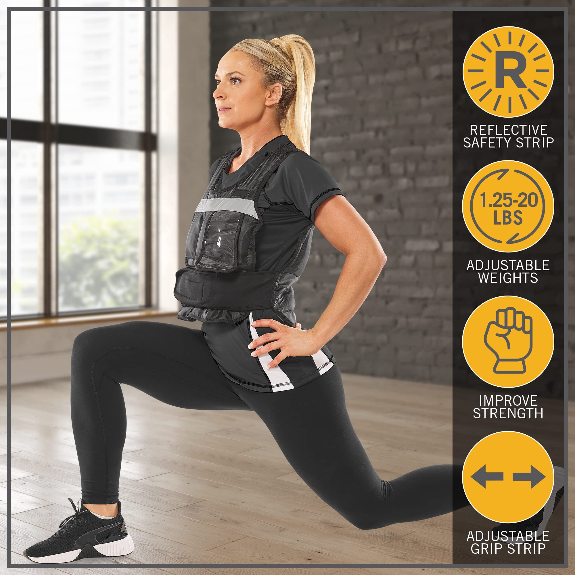 Econofitness Adjustable Weighted Vest - 1.25 To 20 Lbs, With Reflective Strips & Phone Pocket