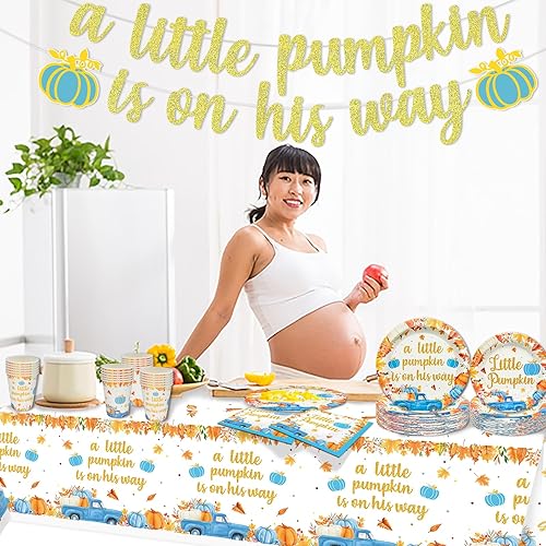 Miniatura 3 de 170 piezas de decoración de fiesta de baby shower con texto en inglés "A Little Pumpkin is On His Way", decoraciones para baby shower, baby shower