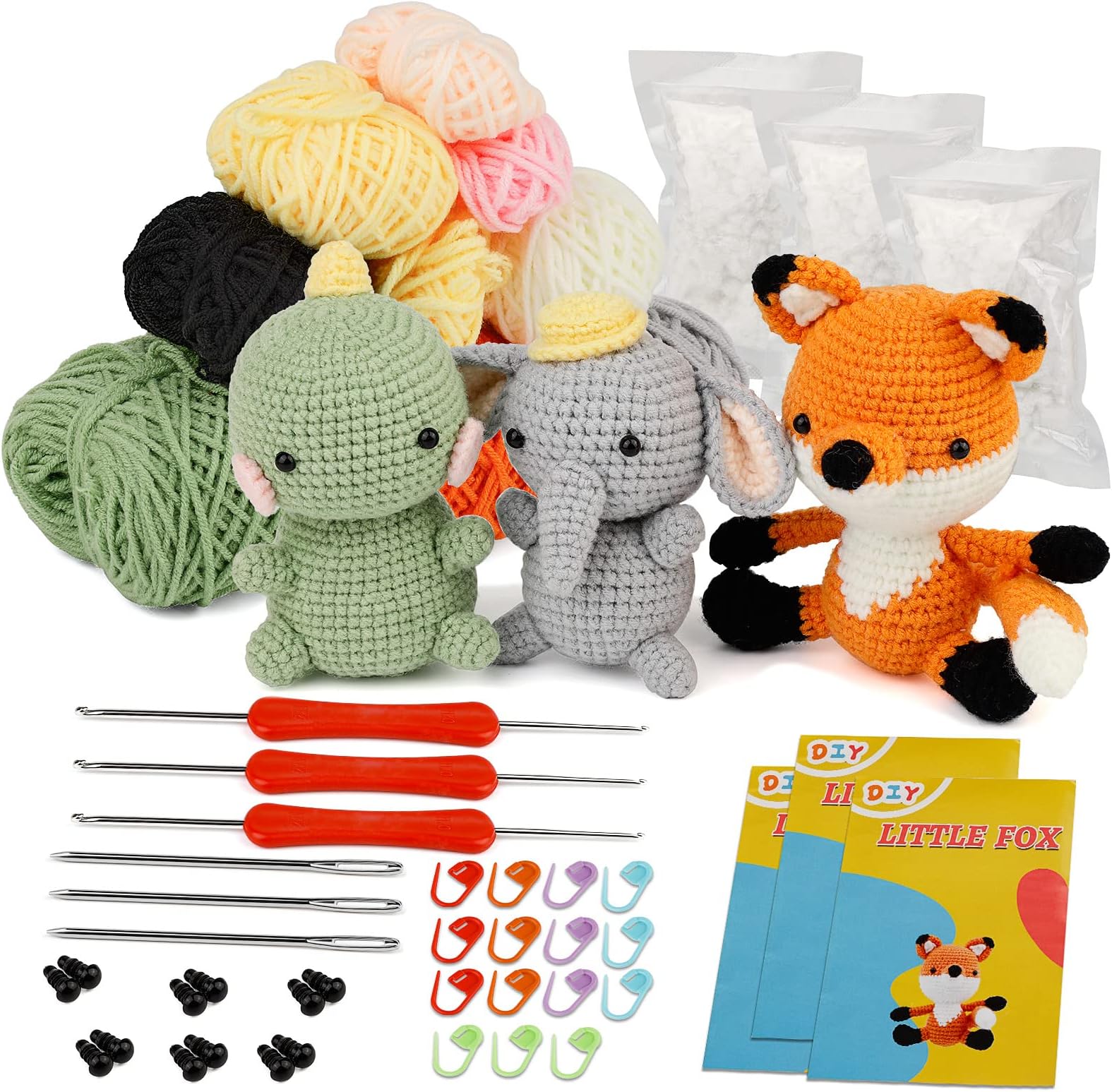 3 Pcs DIY Animals Crochet kit,Fox Plush Doll, Elephant Plush Doll, Dinosauria Plush Doll,Clear Easy to Follow Instructions for Starter Includes Enough Yarn Hook Accessories