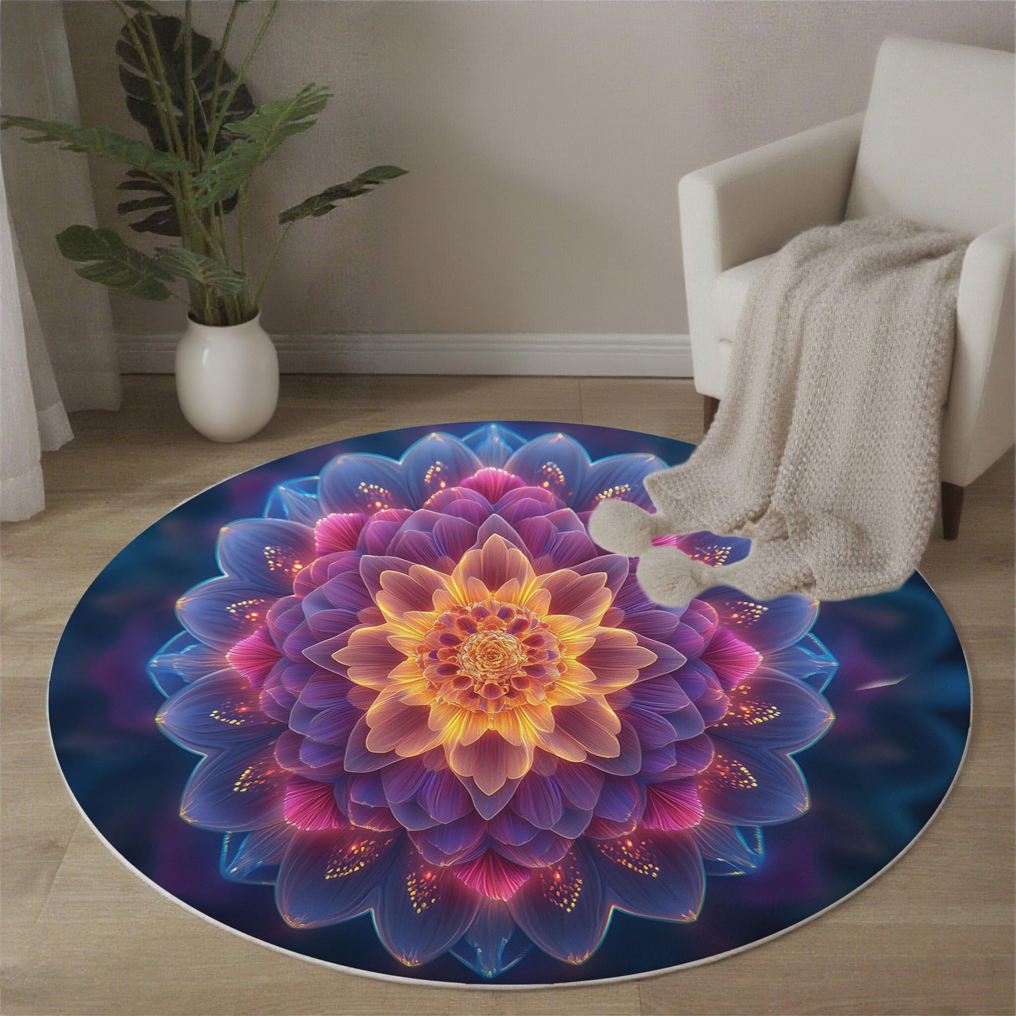 Tapis Rond à Poils Ras Mandala Lotus Antidérapant Lavable Tapis de Sol Thème De Méditation Moquette Décoration pour Salon Chambre Canapé Descente de lit, 200cm, Gris Bleu