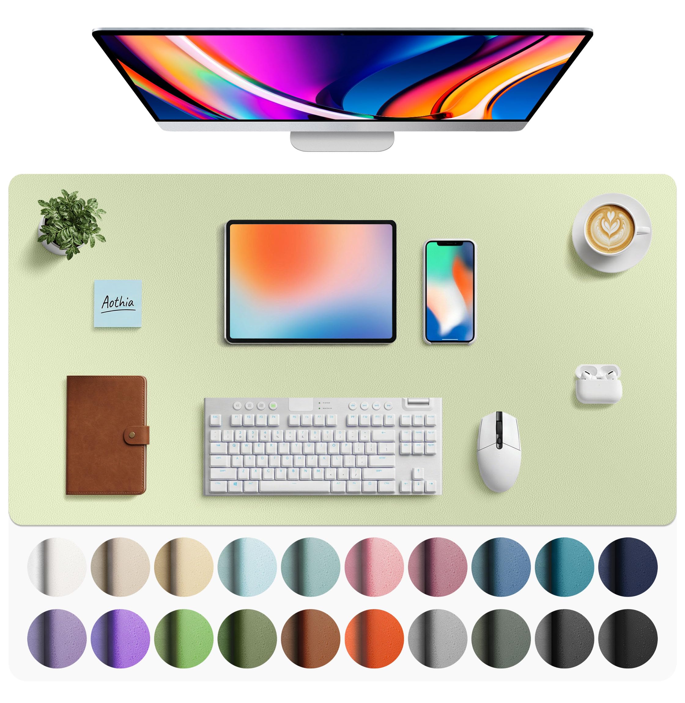 Aothia Faux Leather Desk Mat - Large Mouse Pad, Non-Slip PU Leather Blotter, Waterproof Writing Surface for Office and Home (Grass Green, 40" x 24")