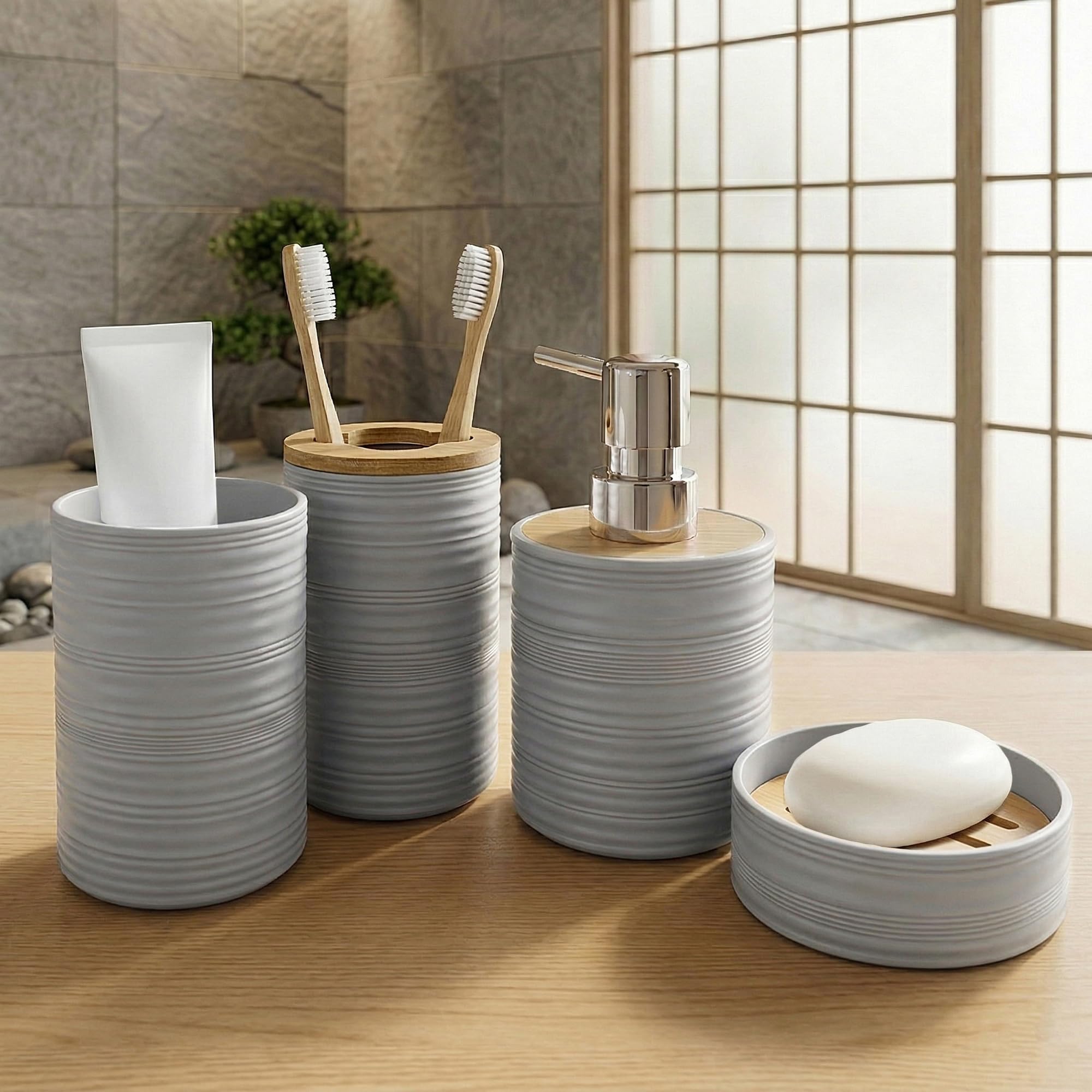 Story@Home 4 Pieces Bathroom Accessories Set - Grey | Toothbrush Holder, Soap Dispenser, Mouth Wash Cup & Soap Dish for Home Kitchen & Bathroom | Bathroom Essentials for Office-image-1