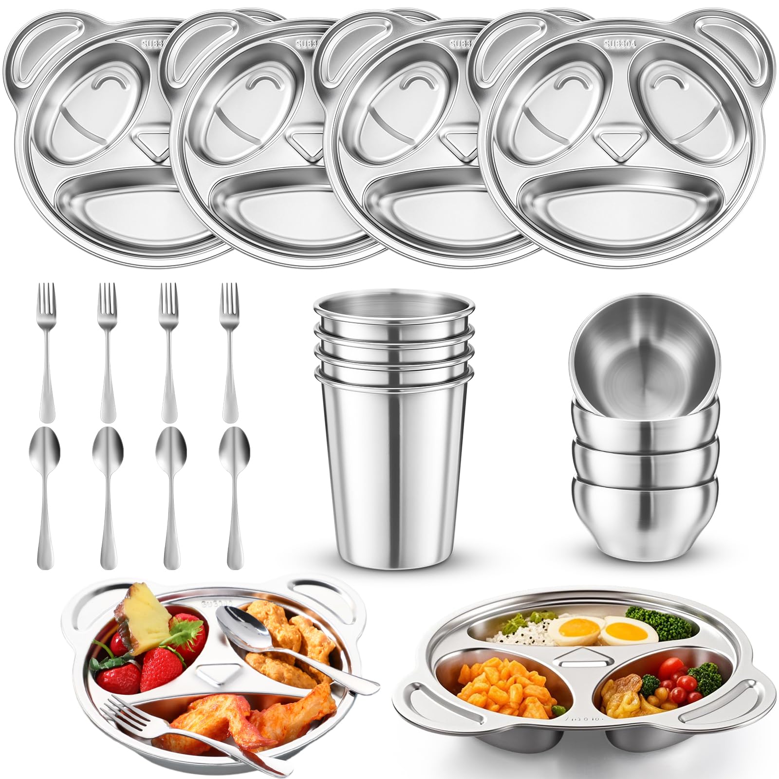 Juego de utensilios de acero inoxidable para niños Jinei de 20 piezas que incluye 4 platos con forma de panda, 4 tazones, 4 tazas, 4 cucharas y 4 tenedores. Juego de vajilla de acero inoxidable para niños pequeños.