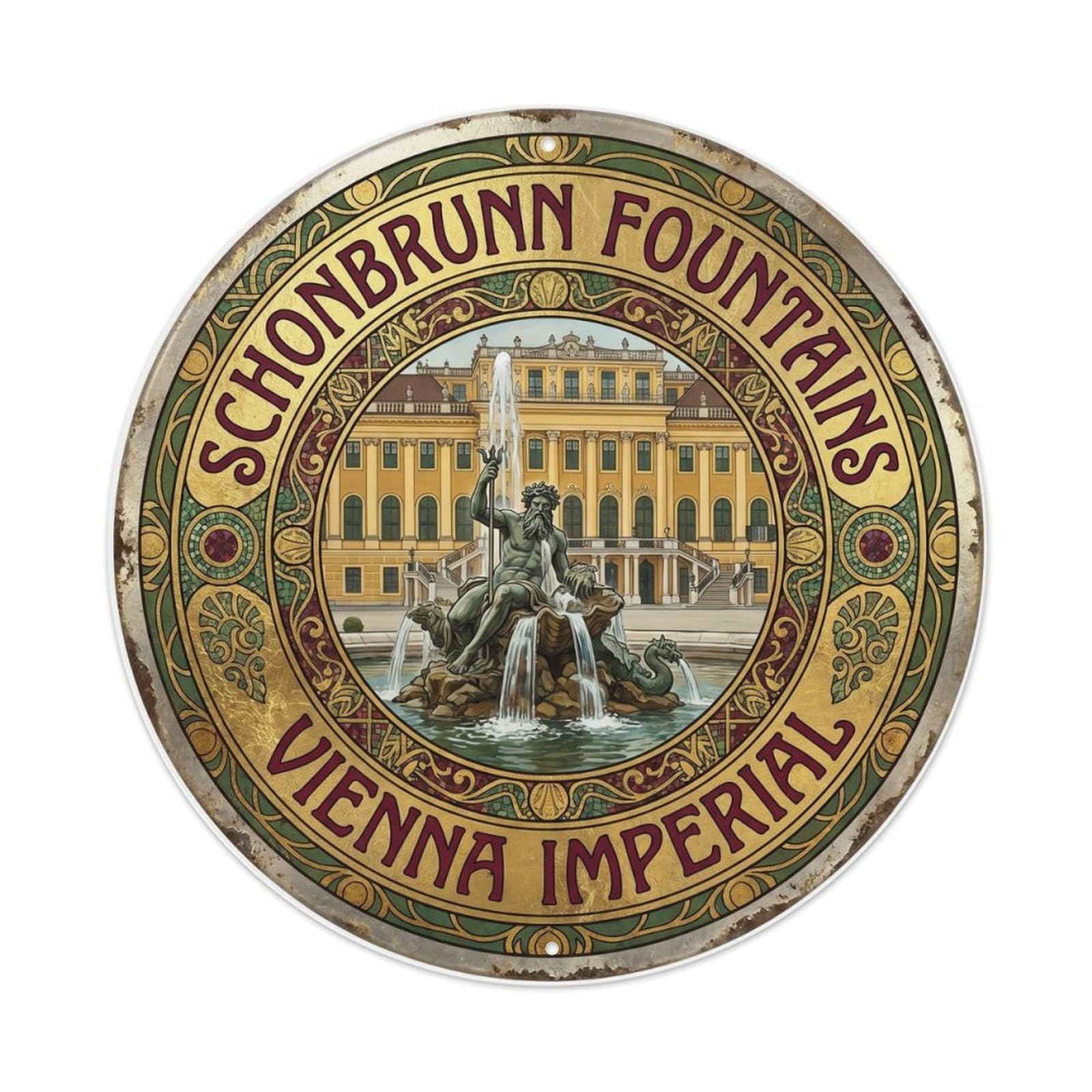 Vintage Travel Schonbrunn Fountain Vienna Imperial Metal Tin Sign
