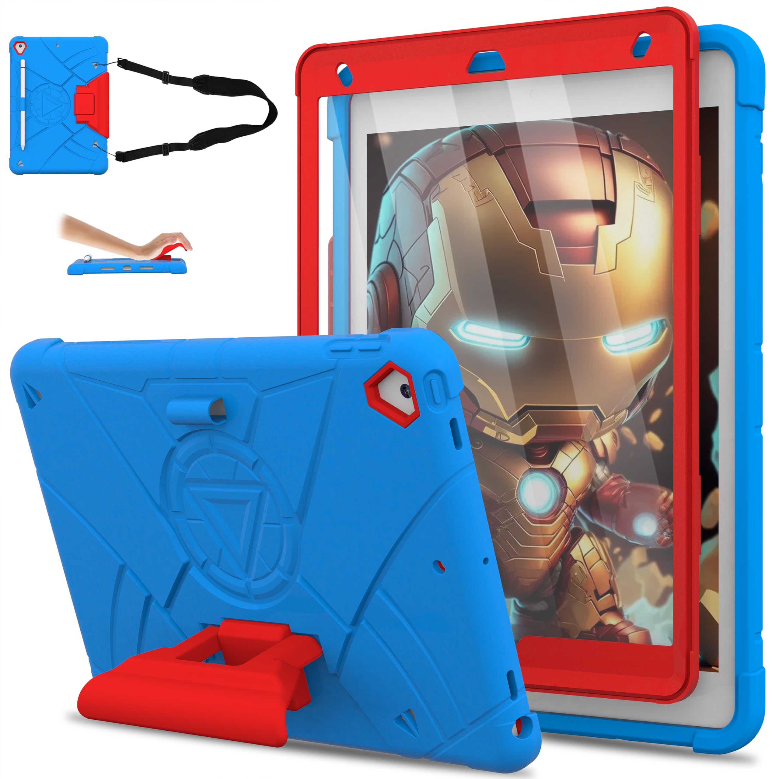Andnary Case for iPad 9th/8th/7th Generation 10.2 inch, Heavy Shockproof Cover with 180° Rotating Handle/Screen Protector/Bracket/Pen Holder/Shoulder Strap, Kid Case for 2021/2020/2019 (D-Blue+Red)