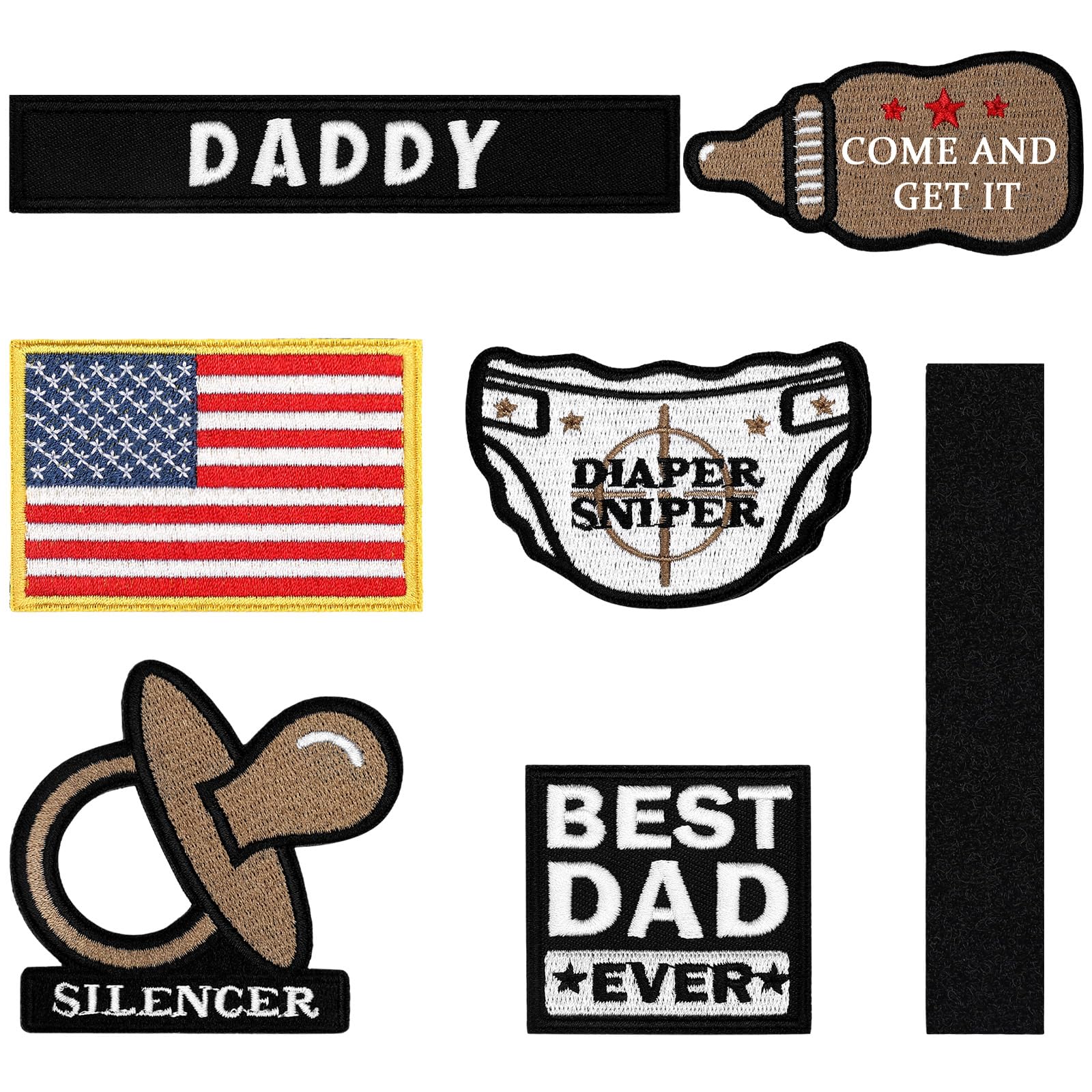 Maiteenly 6 Pcs Daddy Tactical Patches Hook and Loop Patch for Dad Funny Tactical Patches Include Pacifier, Diaper, Bottle, and Flag Patches for Hats, Coats, Diaper Bags, Lunch Bags, Coats