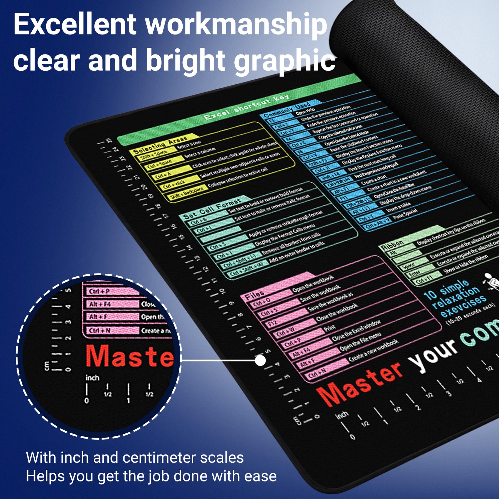 Excel Spickzettel Schreibtischunterlage 80 x 30 cm – wasserdichte Schreibtischunterlage mit Zoll-Skala, enthält 12 Arten von gemeinsamen Fähigkeiten in Excel und Wort, großes Excelpad Shortcut-Mauspad