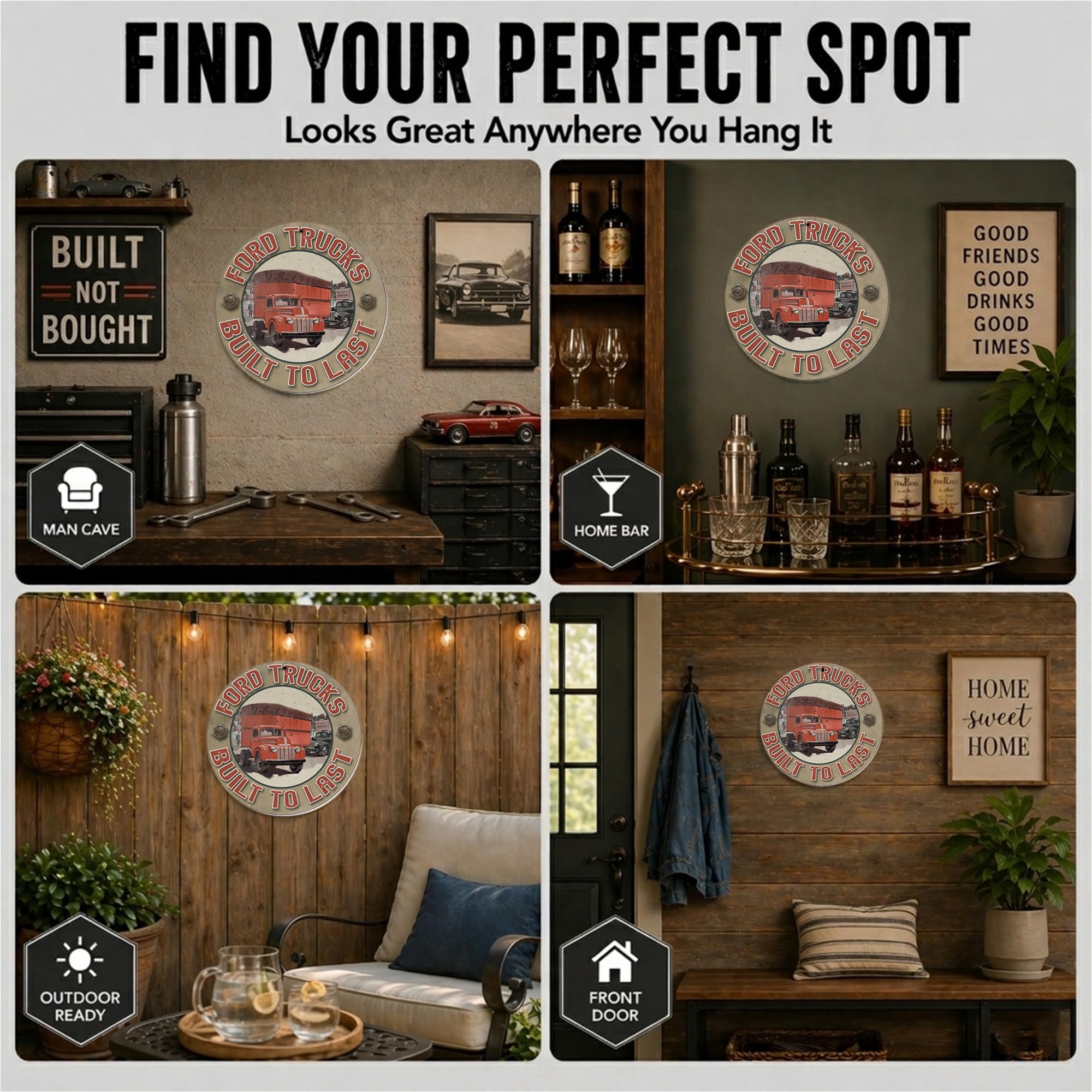 Brotherhood Targa in metallo vintage con riproduzione di cartelli in metallo vintage per garage e casa, diametro 11,75 pollici – Ford Trucks Last to Built
