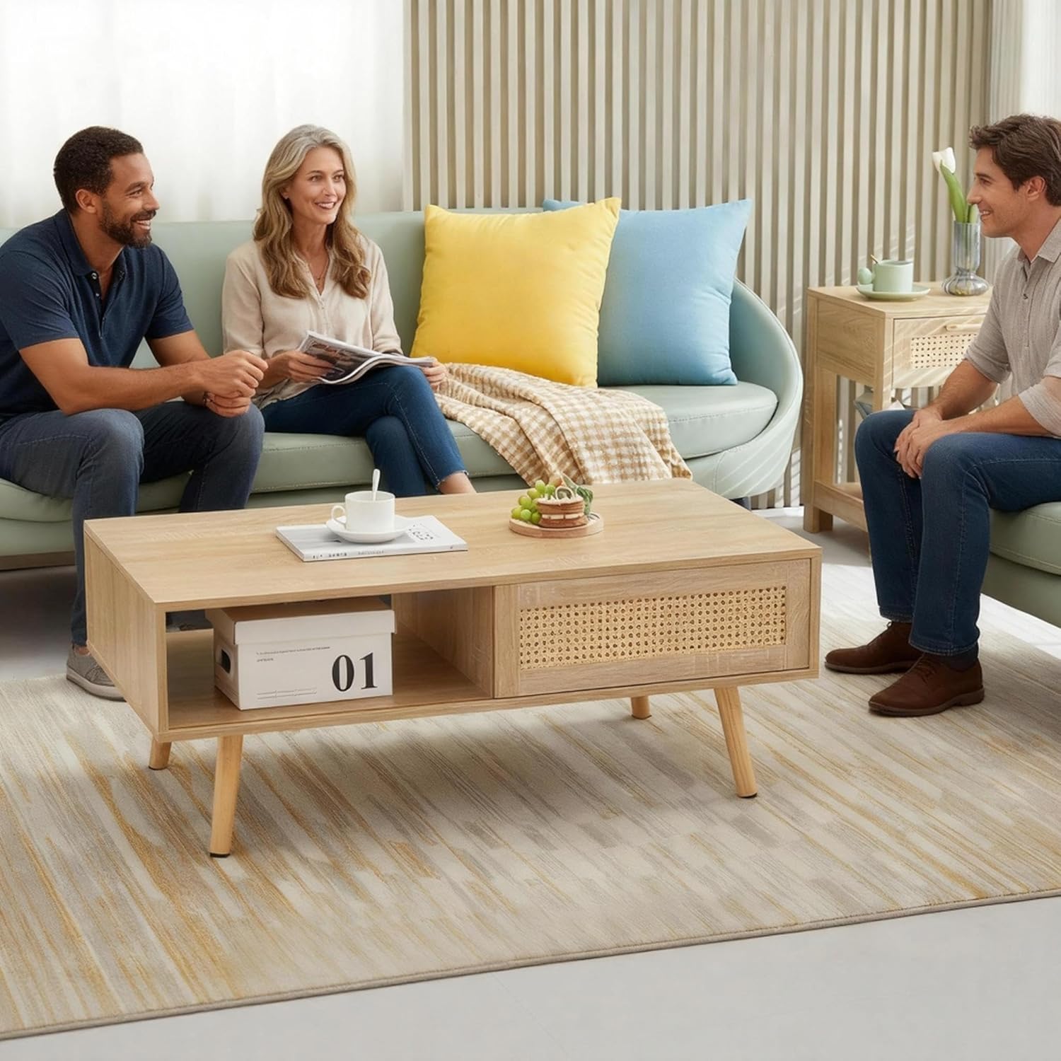 41.34‘’ Rattan Coffee Table with Storage, Boho Coffee Table with Sliding Rattan Door Panel and Solid Wood Legs, Oak Small Coffee Tables, Space Saving Design for Living Room, Apartment