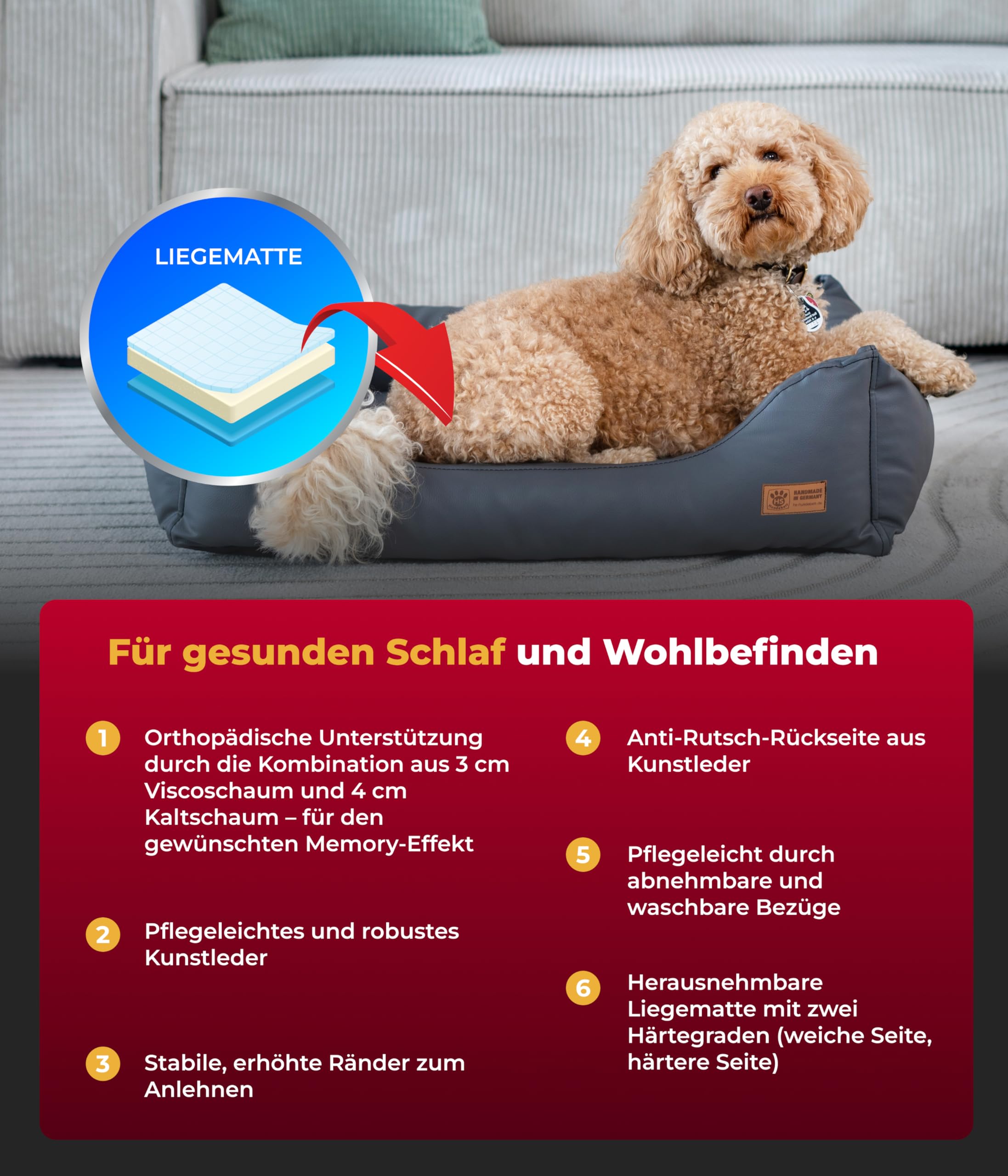 Kuschelbett Deluxe Kunstleder M (70x90 cm) – Orthopädisches Hundebett, Memory Foam & Anti-Rutsch – Waschbar – Anthrazit, Made in DE