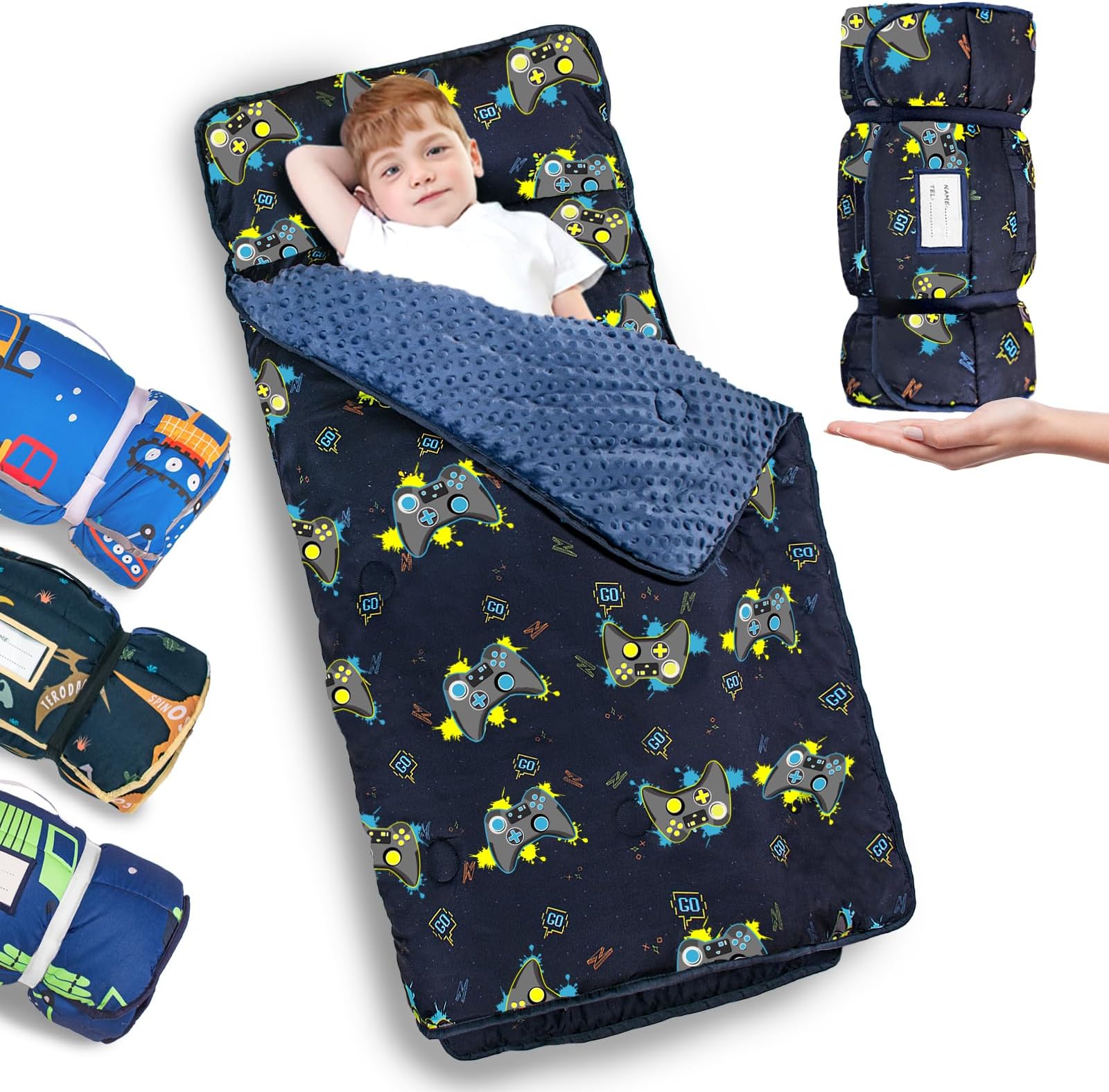 Kids Nap Mat Set with Pillow & Fleece Blanket, Nap Mats for Daycare Preschool or Kindergarten, Sleep Mats Fits Toddlers & Young Children-Traffic