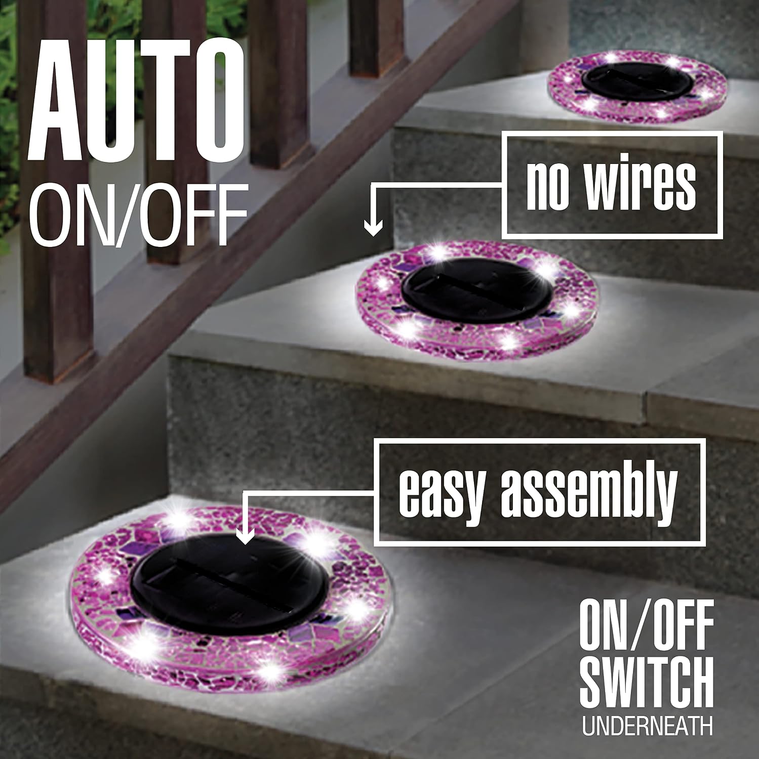 Bell+Howell Solar Outdoor Mosaic Disk Lights, 4 Pack Ultra-Premium Glass Decorative Pathway, Solar Outdoor Waterproof Disk, LED Pathway, Auto On/Off Lights - Radiant Pink