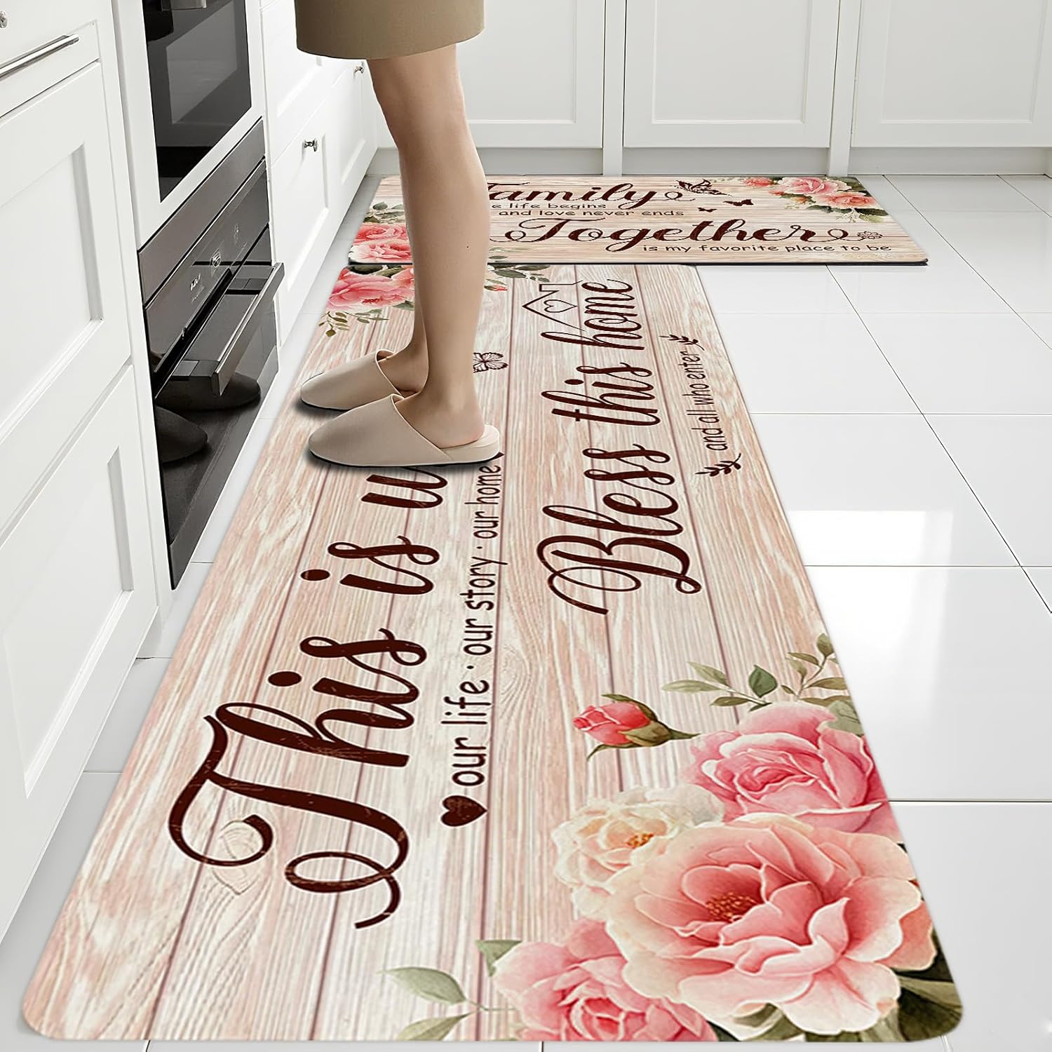 Family Rugs for Kitchen Floor, Anti Fatigue Mats for Kitchen Floor Non Slip, 2PCS Farmhouse Rubber Kitchen Mat, Washable Cushioned Rug for Sink Laundry 15.7"×27.5" +15.7"×47"