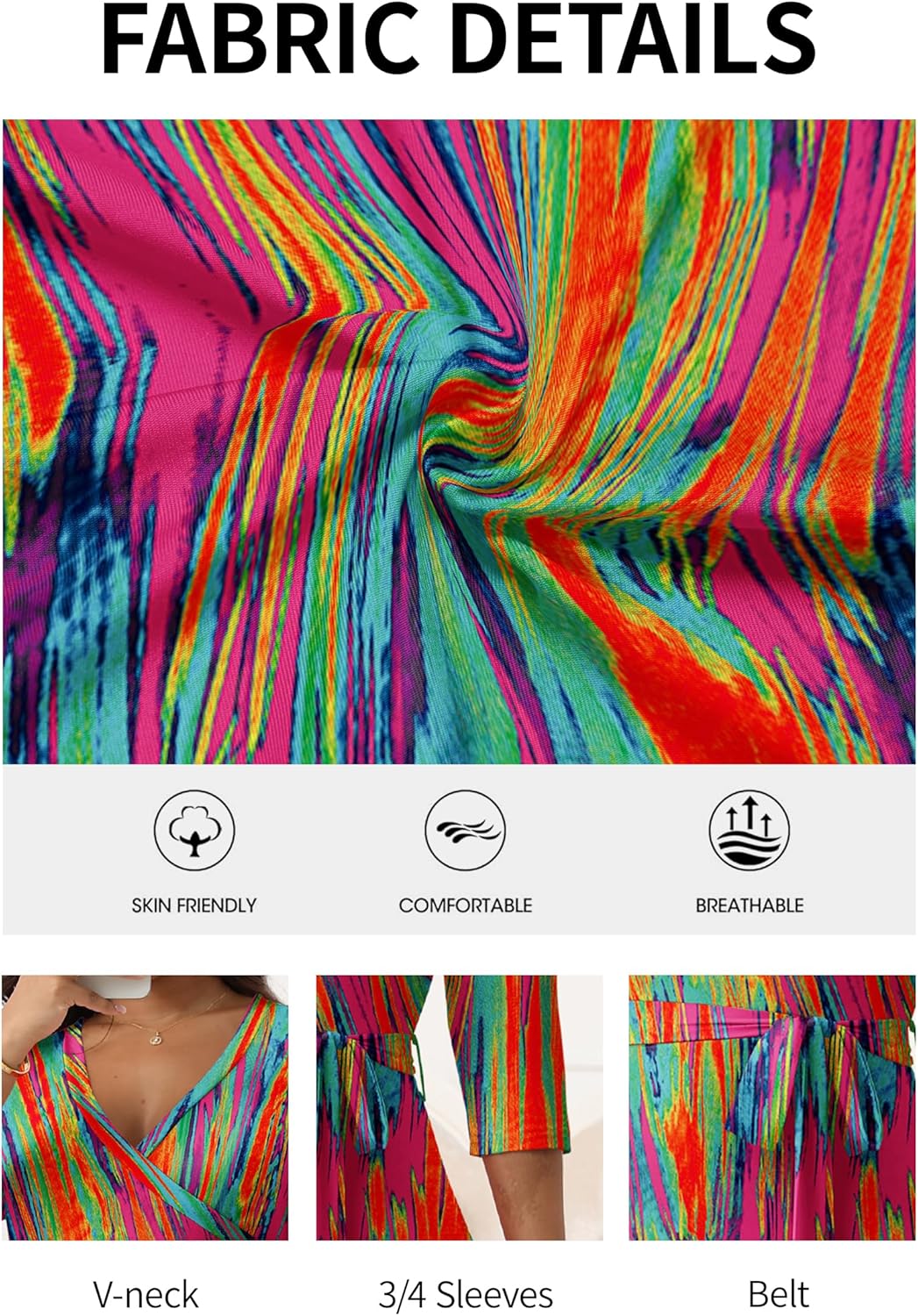 FANDEE Women Print Maxi Dress V Neck 3/4 Sleeve for Women Casual Tie Waist Belted Dresses - Image 8