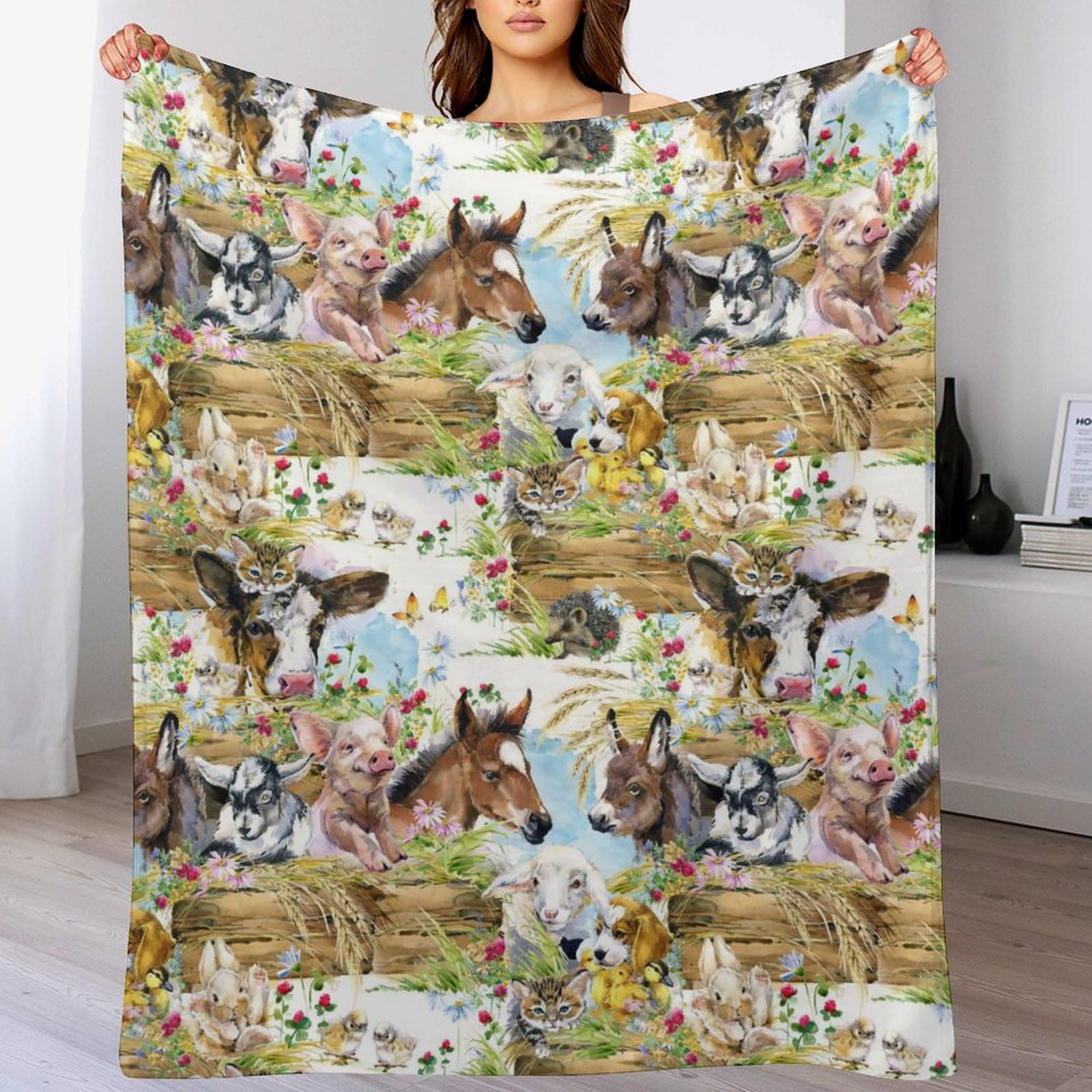 Melbrakin Color659 Cute Pets Chicken Dog Duck Donkey Kitten Cat Pig Floral Soft Flannel Travel Blanket, Living Room Home Sofa Decoration Blanket, Dormitory Office Nap Blanket