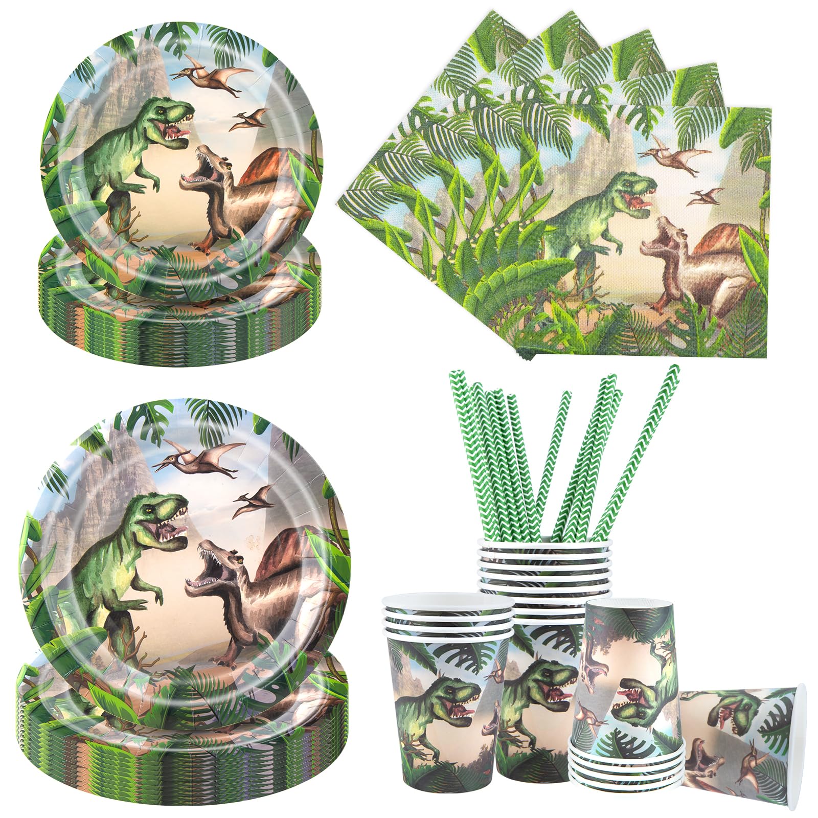 Aitsite 100 Stück Dino Partygeschirr Set, Dinosaurier Partyteller Geburtstag für 20 Gäste, Dino Geburtstag Geschirr, Jura Party Deko Set, Kindergeburtstag Teller Becher Servietten